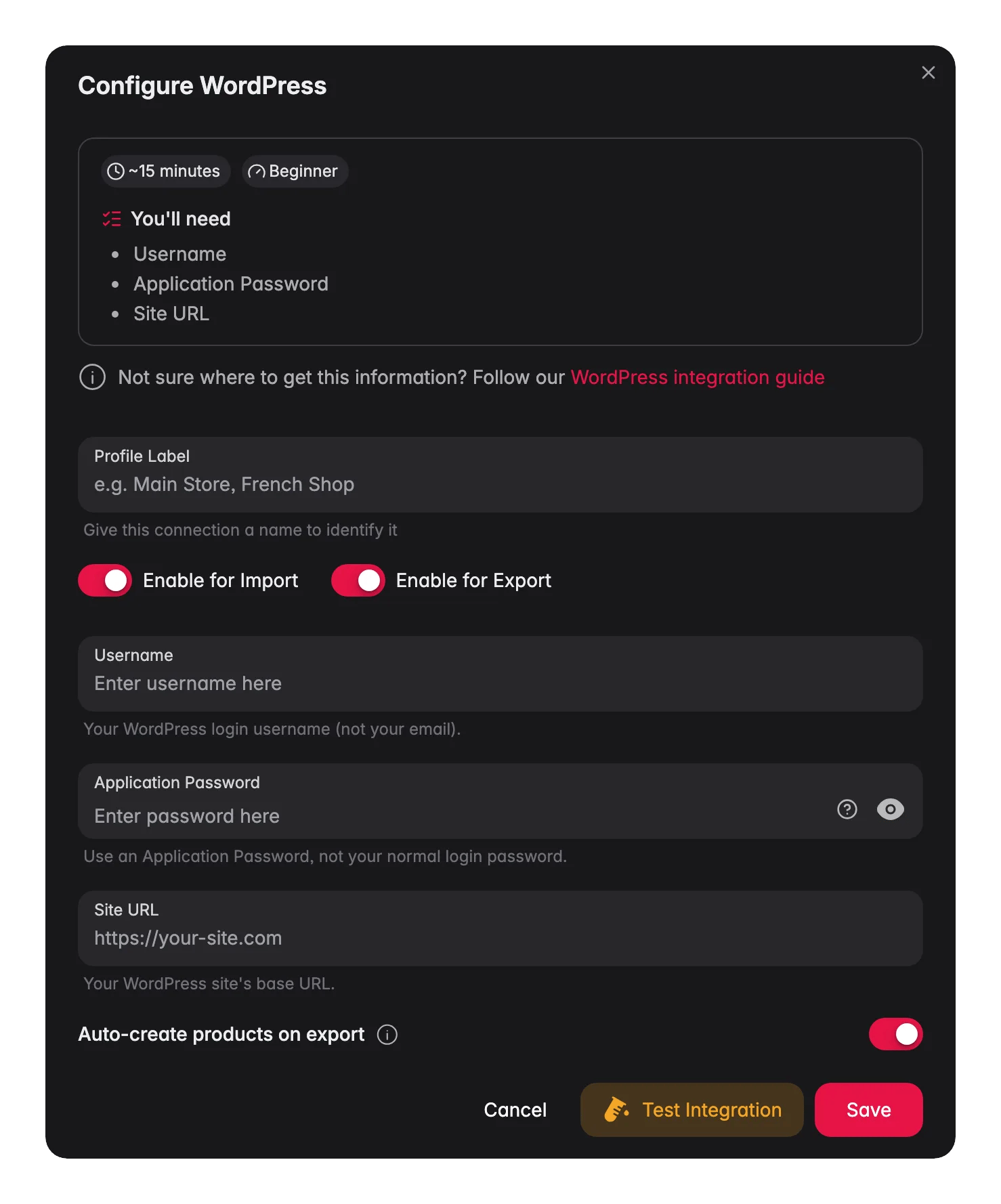 Connecting WordPress to WISEPIM, username, application password, site URL and a live connection test