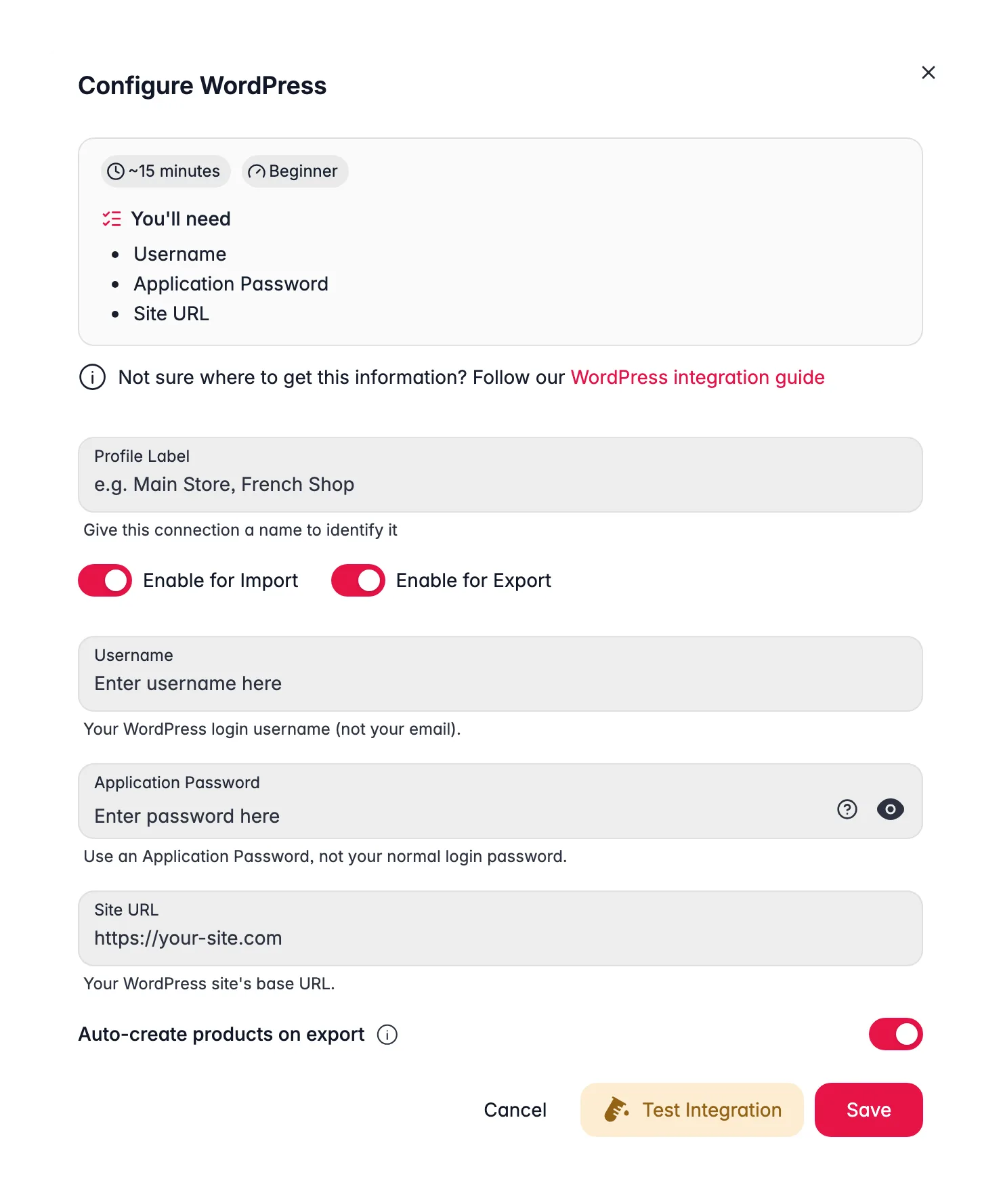Connecting WordPress to WISEPIM, username, application password, site URL and a live connection test