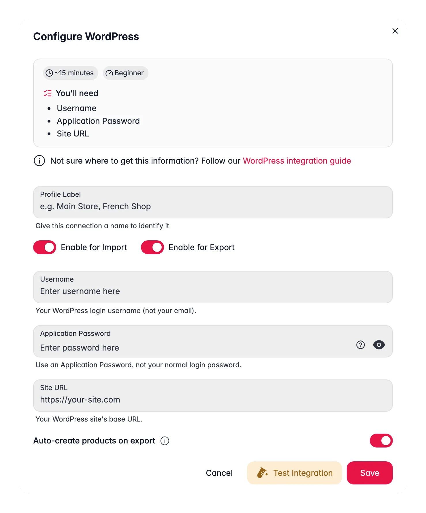Connecting WordPress to WISEPIM, username, application password, site URL and a live connection test