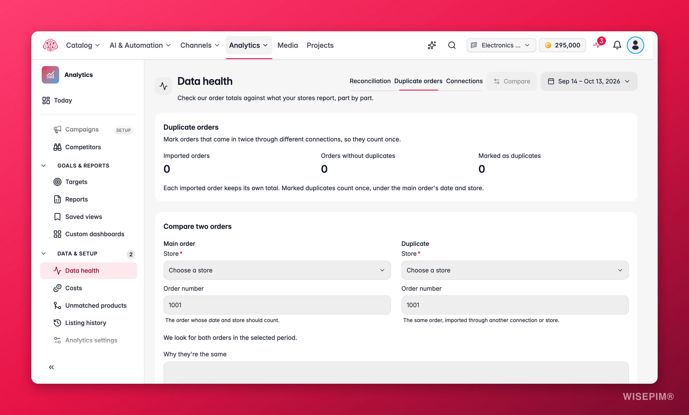 WISEPIM Tab Doppelte Bestellungen mit importierten und bereinigten Zahlen und dem Formular zum Vergleichen zweier Bestellungen