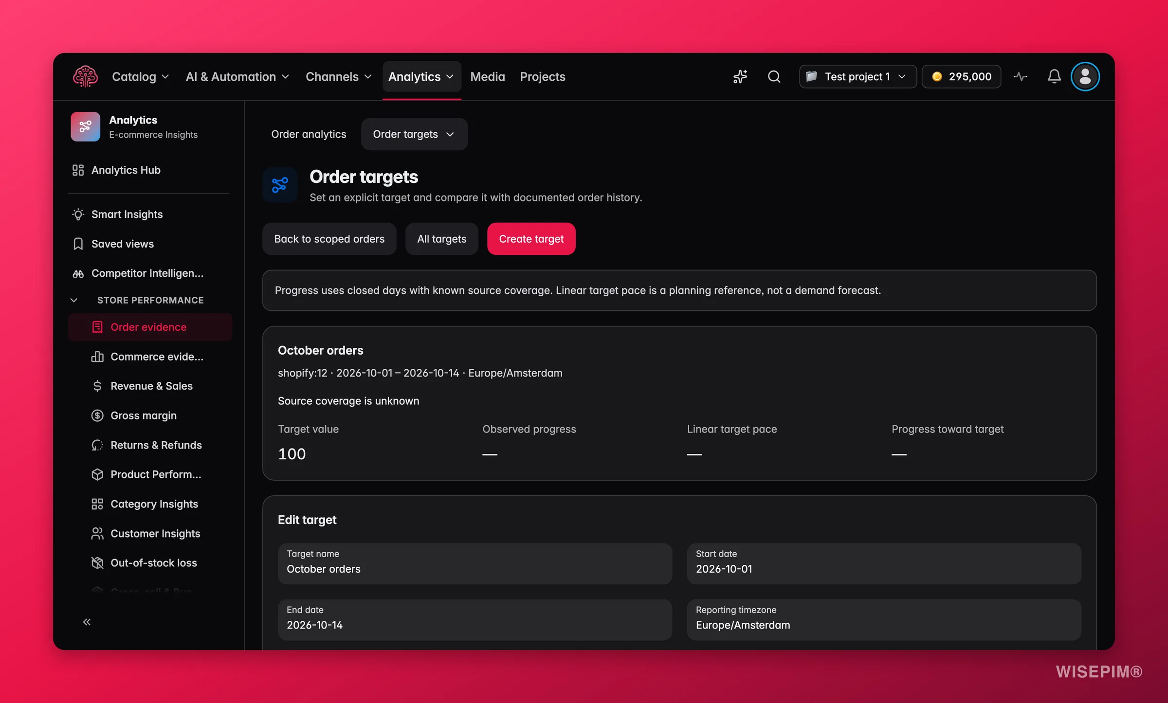 WISEPIM-pagina Doelen met voortgang en tempo per doel en het formulier voor een nieuw doel