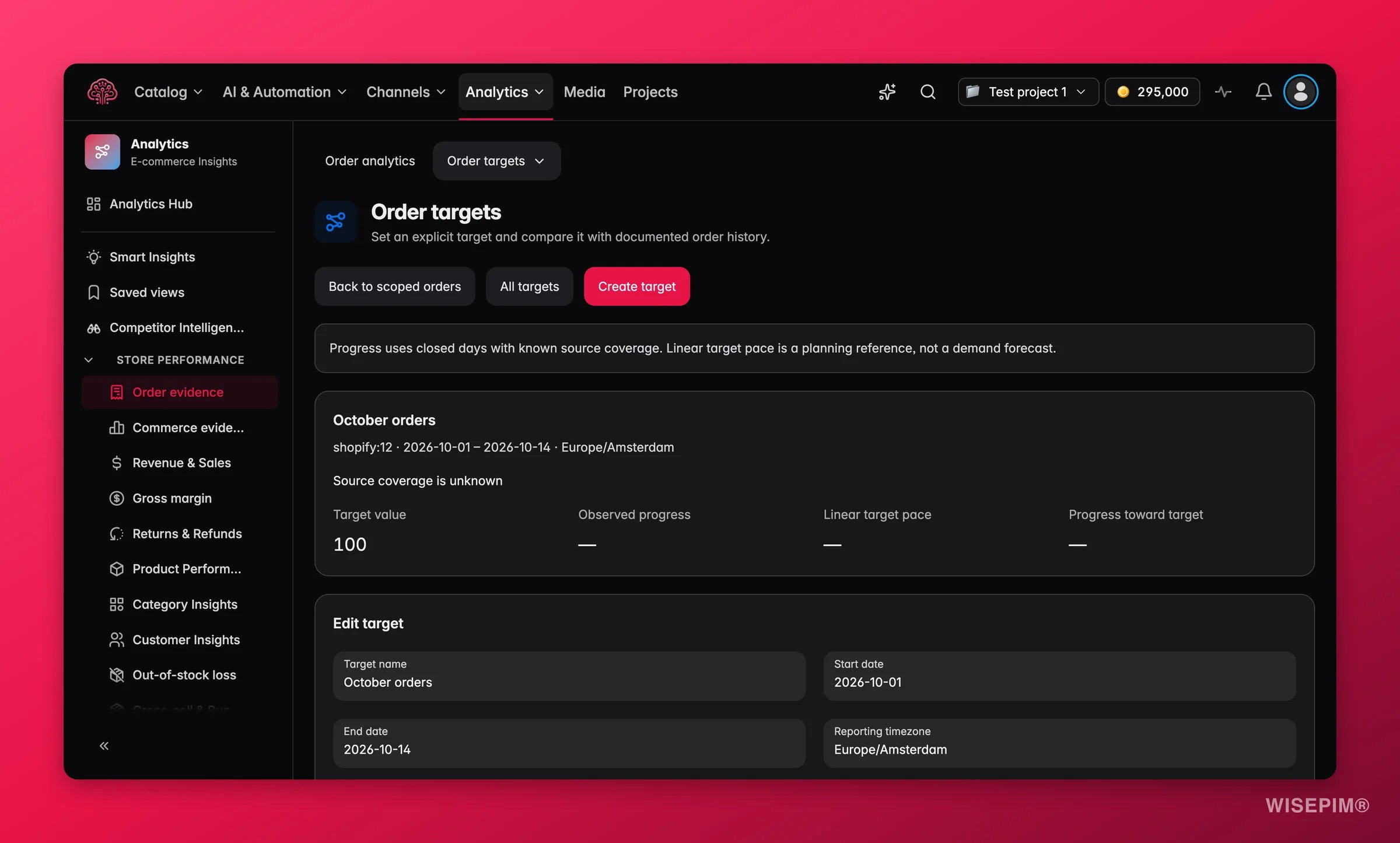 WISEPIM-pagina Doelen met voortgang en tempo per doel en het formulier voor een nieuw doel