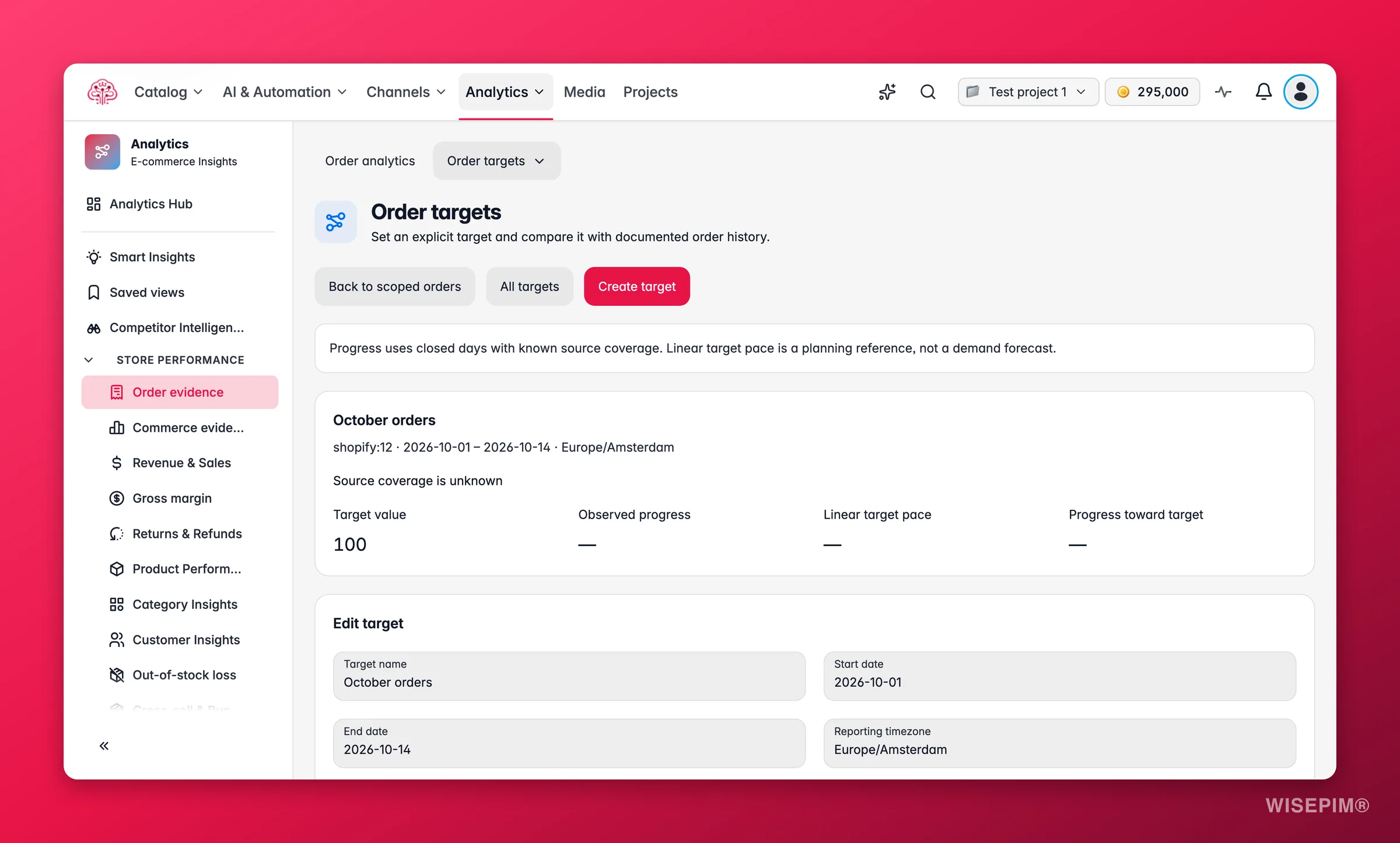 WISEPIM-pagina Doelen met voortgang en tempo per doel en het formulier voor een nieuw doel