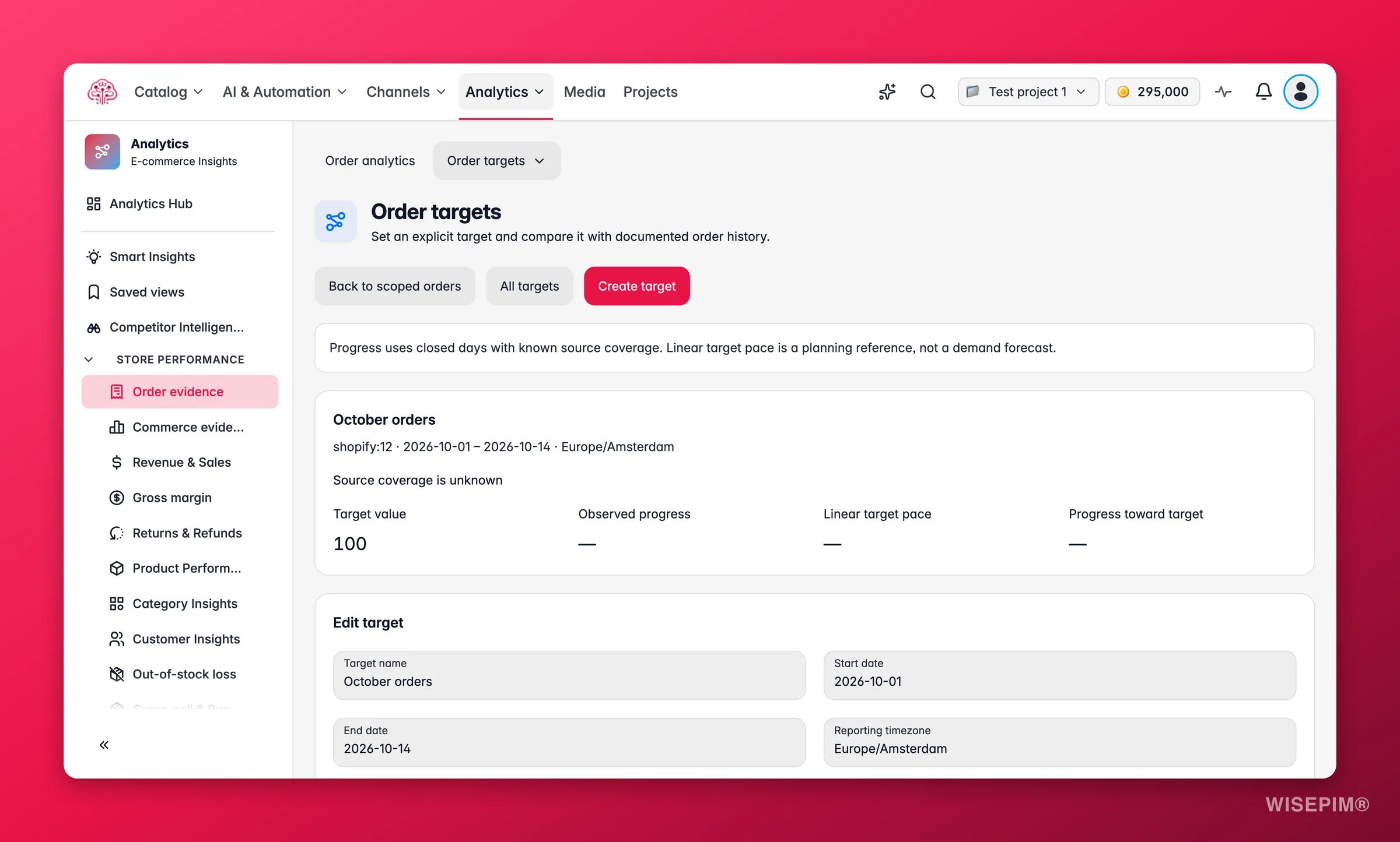 WISEPIM-pagina Doelen met voortgang en tempo per doel en het formulier voor een nieuw doel