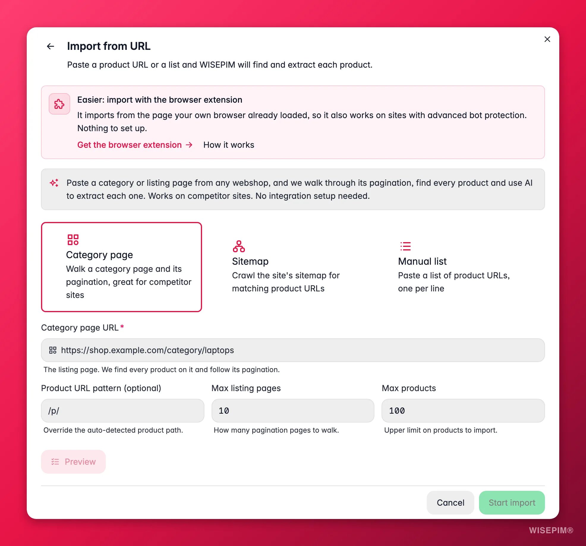 WISEPIM Web-Scraping-Import: Quell-URL konfigurieren und extrahierte Produkte in der Vorschau ansehen
