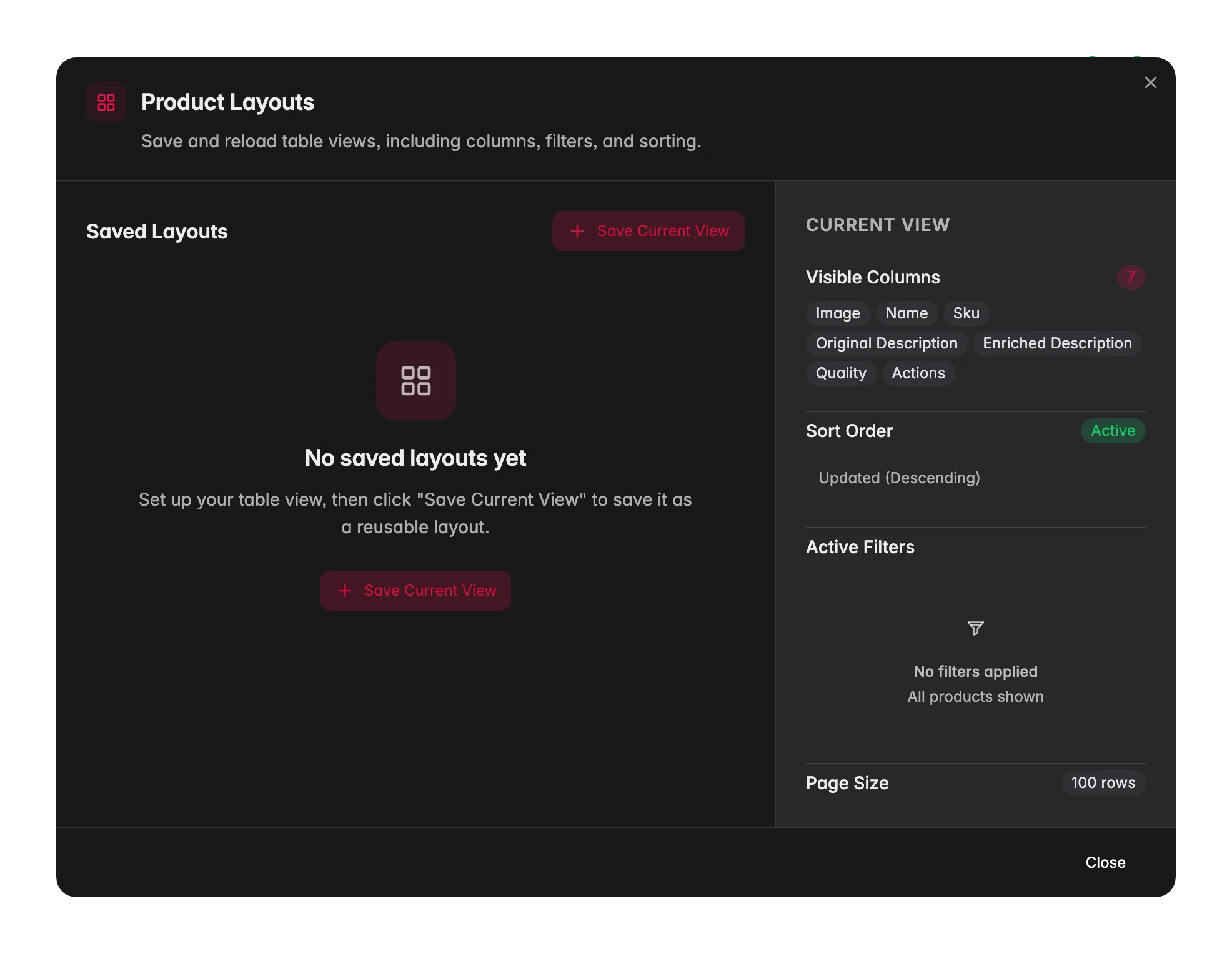 WISEPIM saved layouts, store and reload named product views with columns, sort and filters
