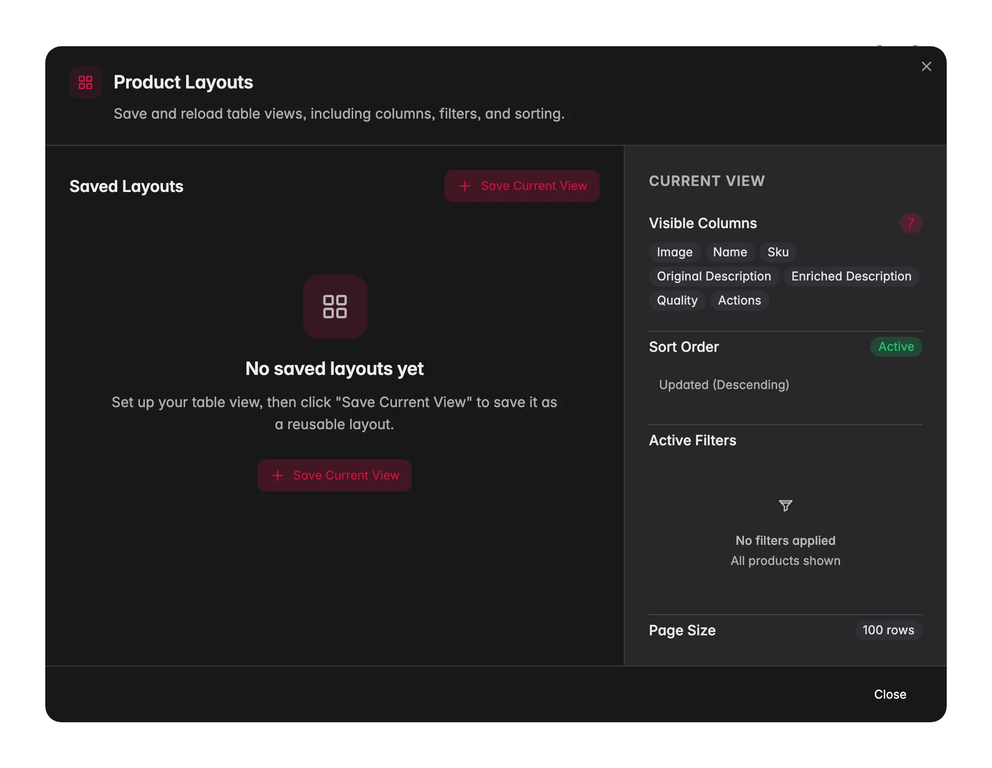 WISEPIM saved layouts, store and reload named product views with columns, sort and filters