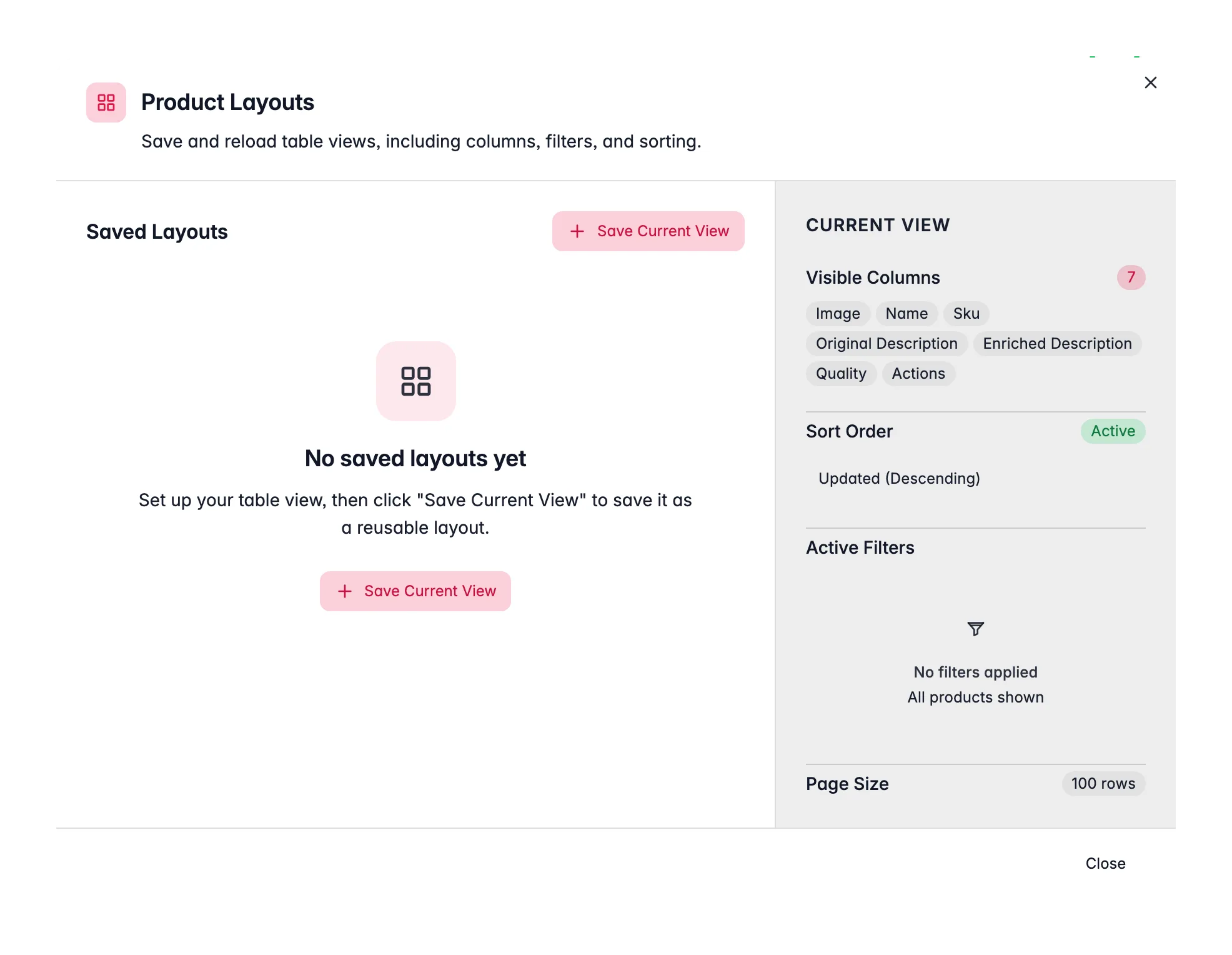 WISEPIM saved layouts, store and reload named product views with columns, sort and filters