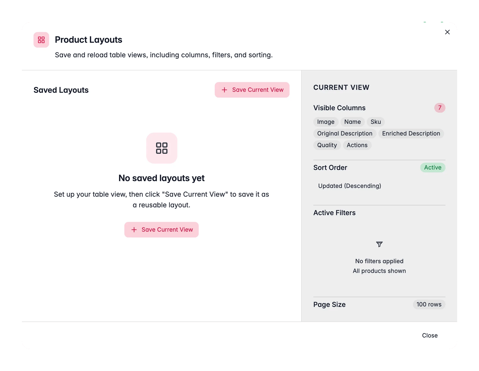 WISEPIM saved layouts, store and reload named product views with columns, sort and filters