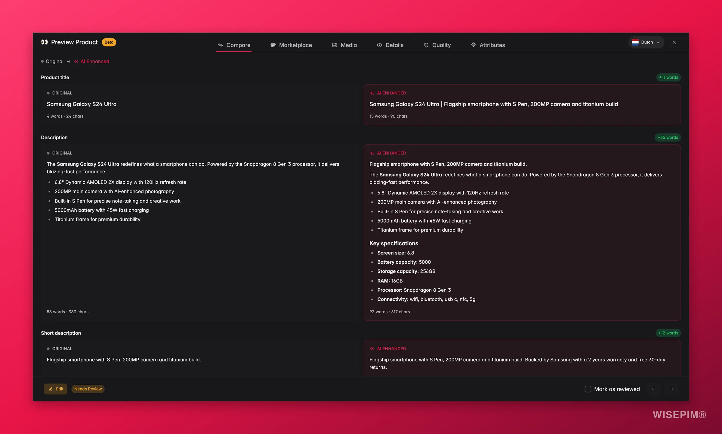 WISEPIM product preview comparing original and AI-enhanced content side by side