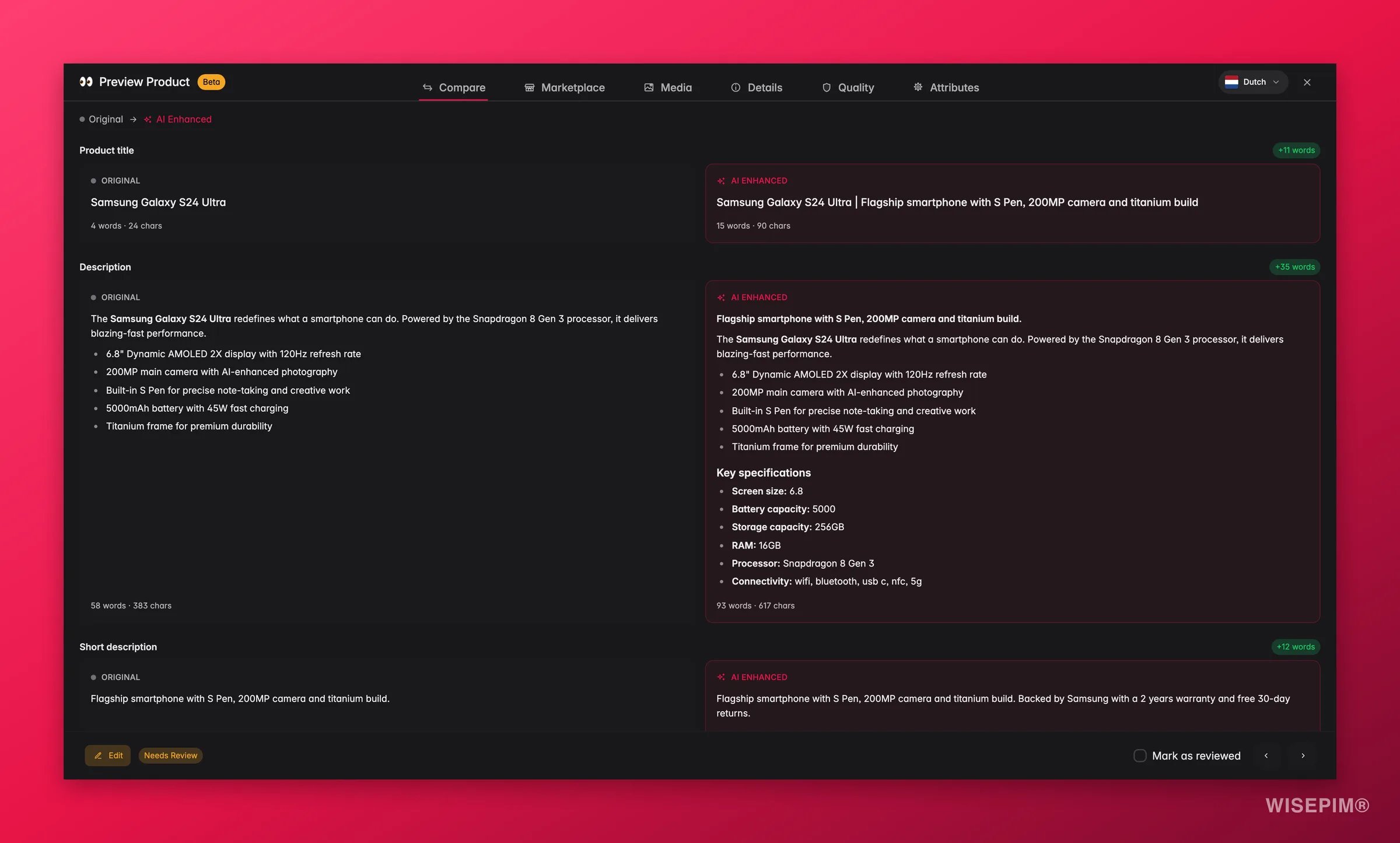 WISEPIM product preview comparing original and AI-enhanced content side by side