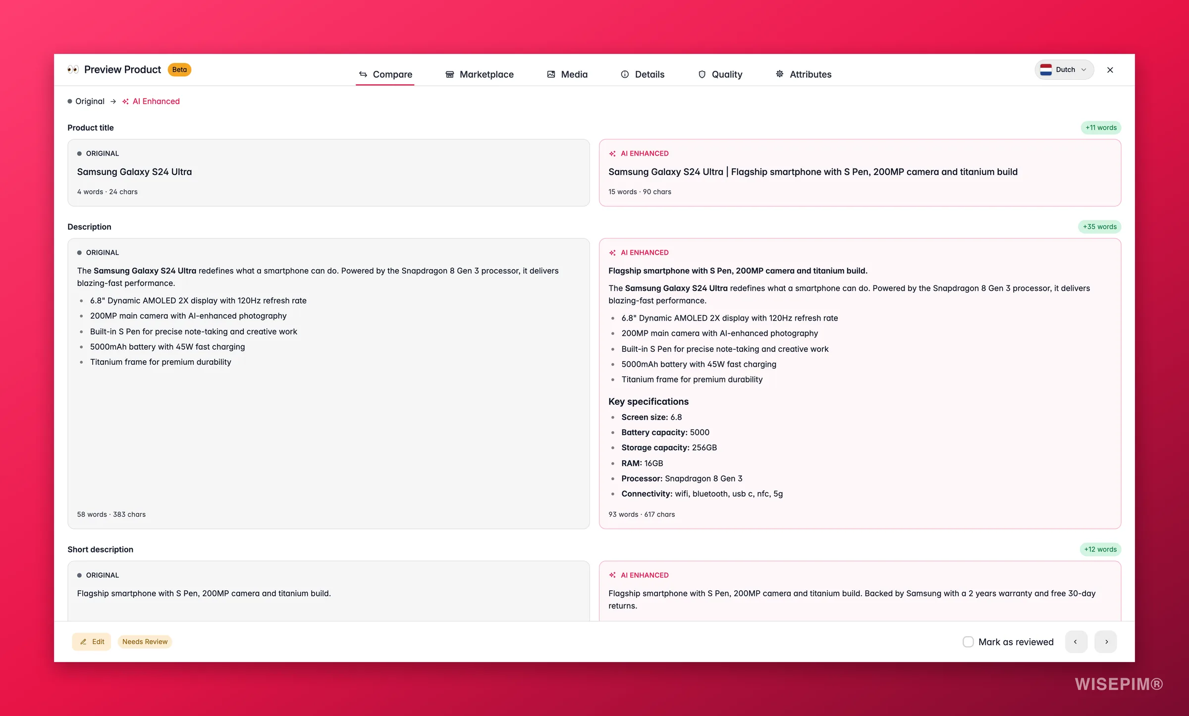 WISEPIM product preview comparing original and AI-enhanced content side by side