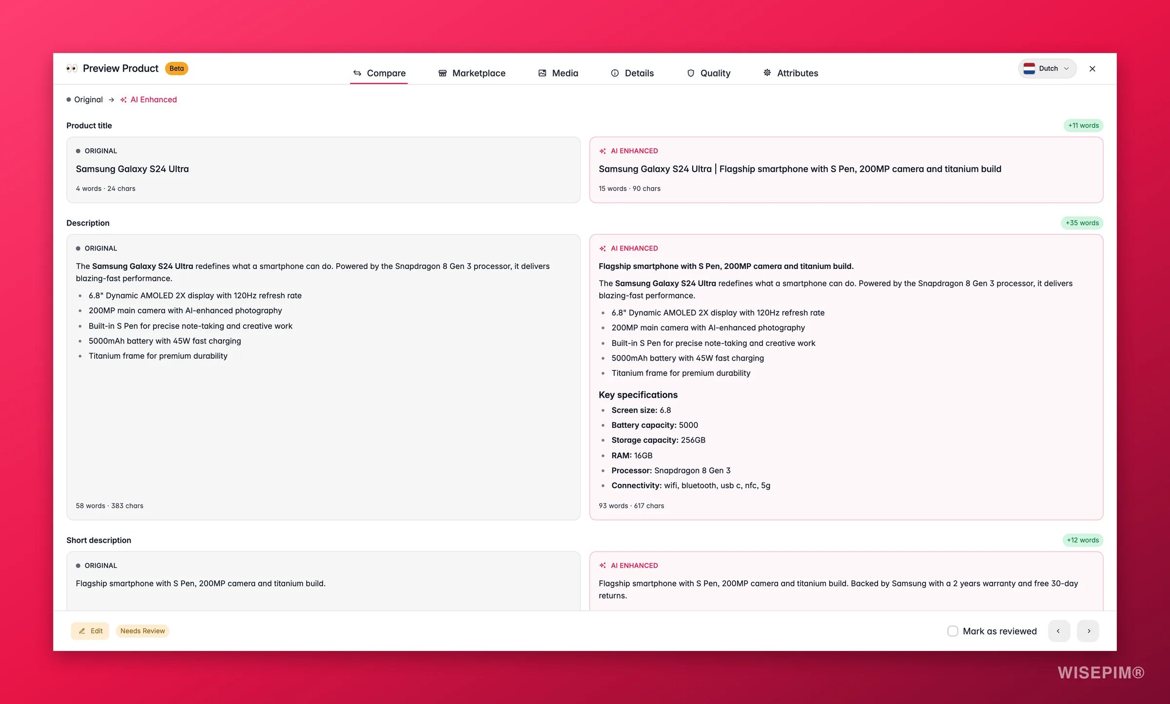 WISEPIM product preview comparing original and AI-enhanced content side by side