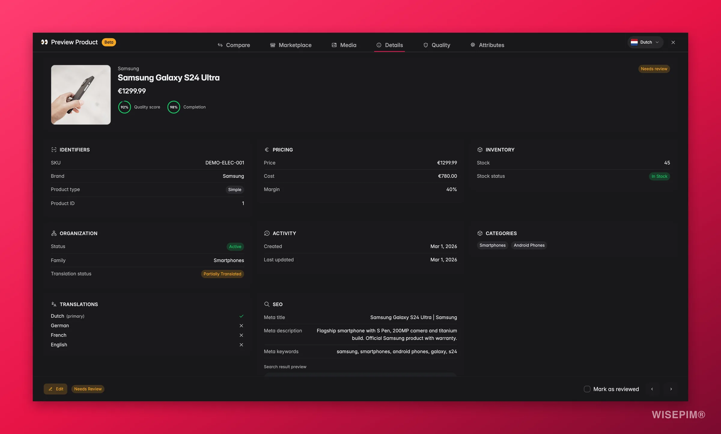 WISEPIM product preview Details tab with identifiers, pricing, inventory, translation coverage and an SEO search preview