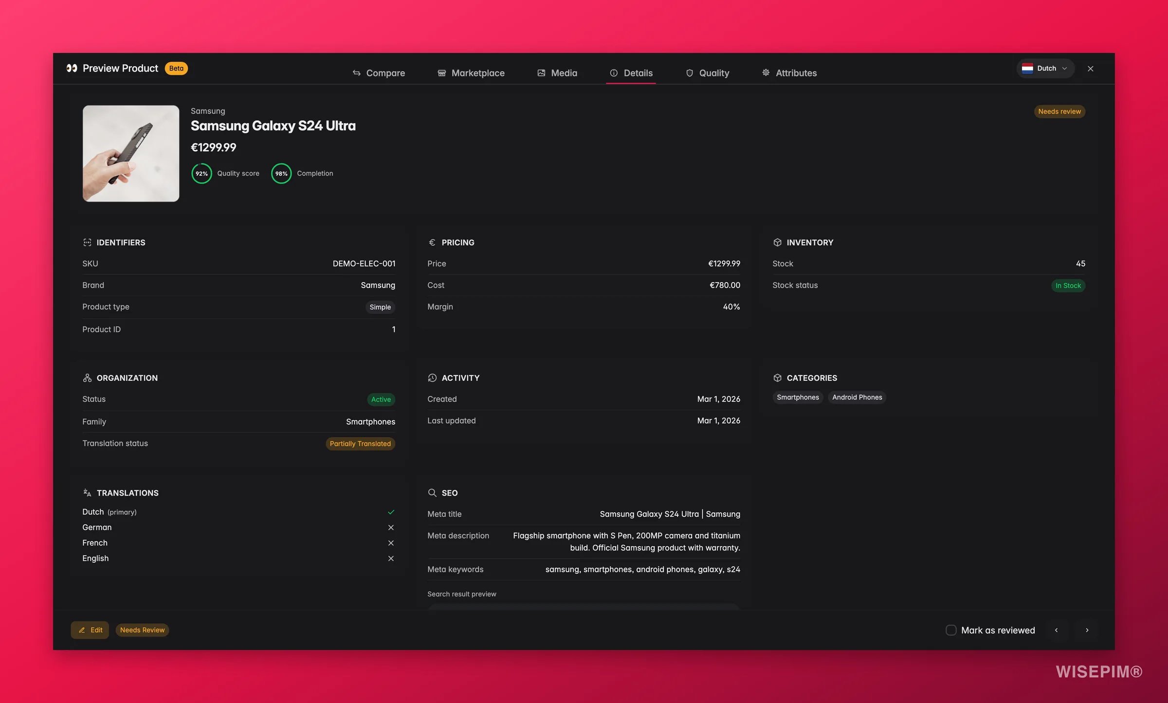 WISEPIM product preview Details tab with identifiers, pricing, inventory, translation coverage and an SEO search preview