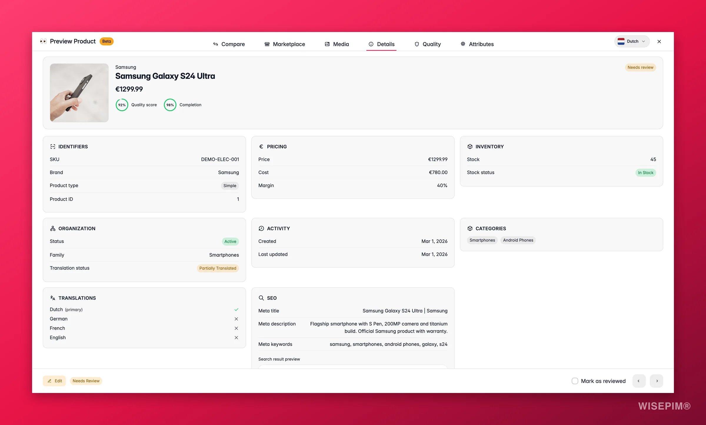 WISEPIM product preview Details tab with identifiers, pricing, inventory, translation coverage and an SEO search preview