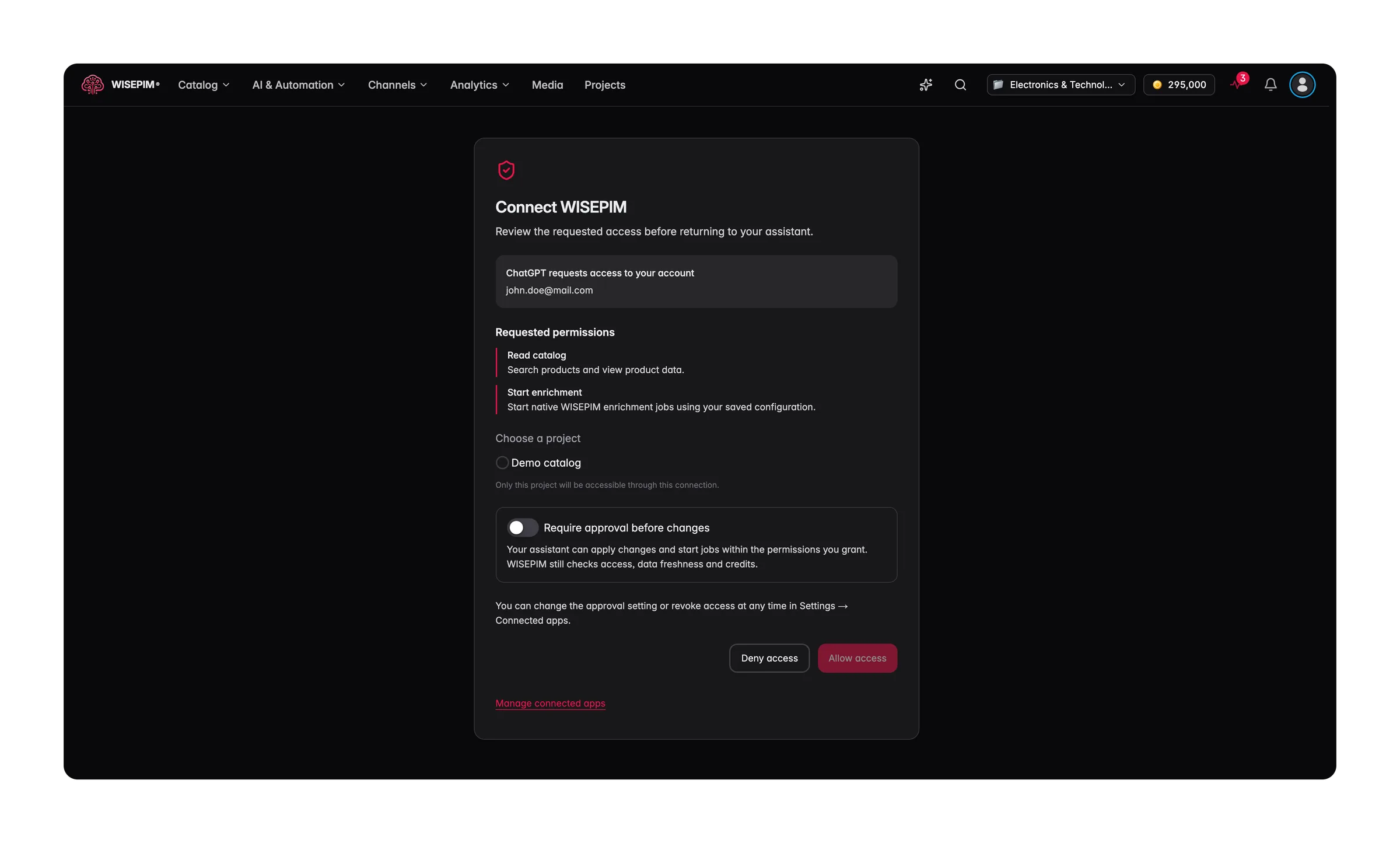 WISEPIM-Zustimmungsbildschirm für eine Assistentenverbindung mit den angeforderten Berechtigungen, einer Projektauswahl und den Buttons Zugriff ablehnen und Zugriff erlauben