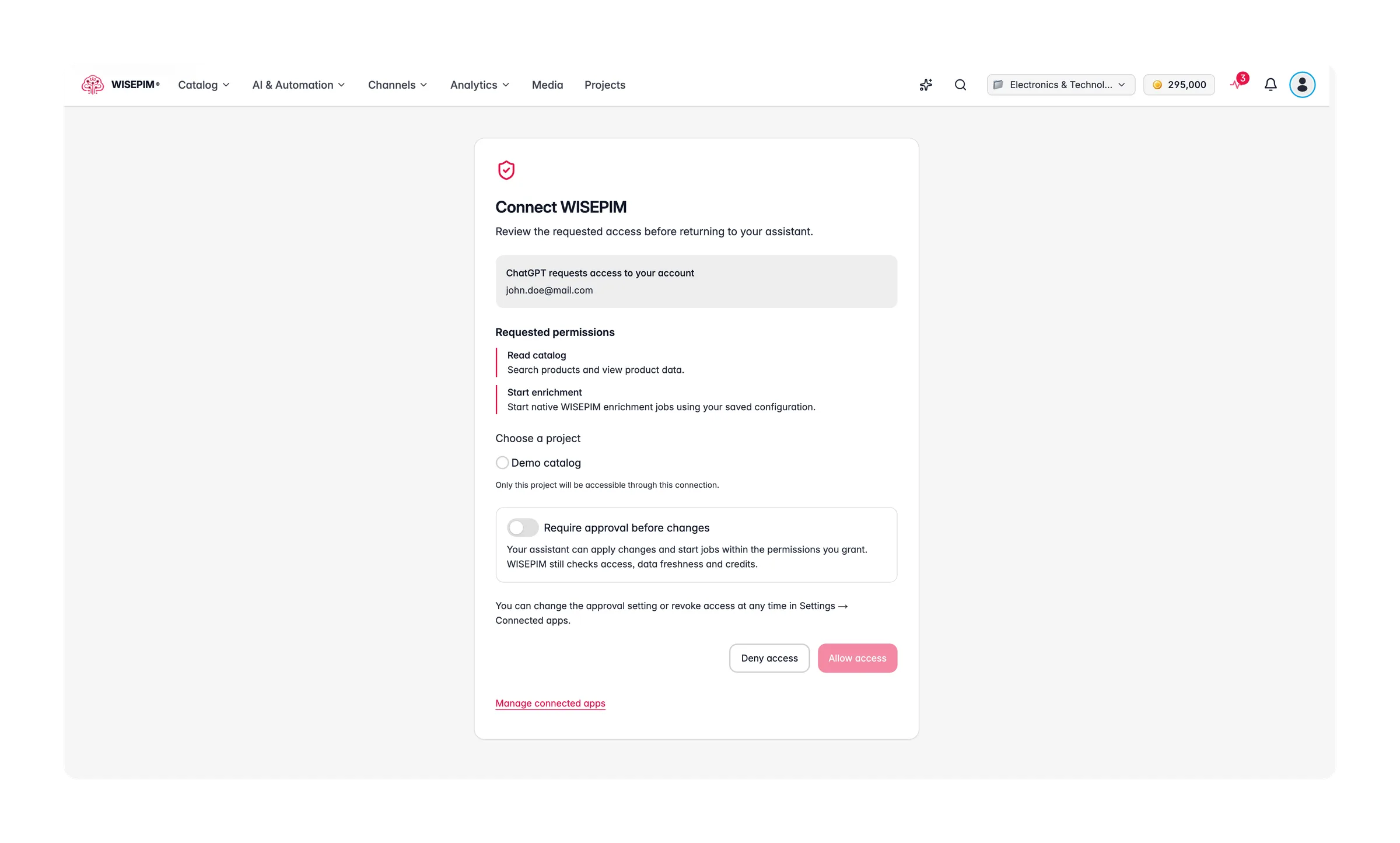WISEPIM-Zustimmungsbildschirm für eine Assistentenverbindung mit den angeforderten Berechtigungen, einer Projektauswahl und den Buttons Zugriff ablehnen und Zugriff erlauben