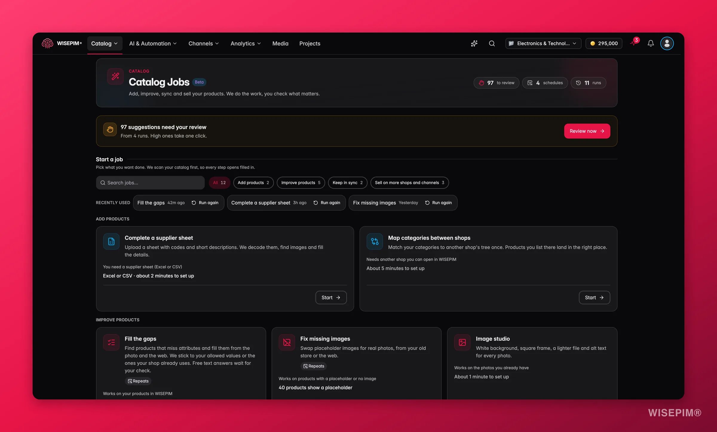 WISEPIM-Hub der Katalogaufgaben mit Zählern für Prüfungen, Zeitpläne und Läufe, einem Banner mit Vorschlägen, die auf Prüfung warten, Aufgabenfiltern, zuletzt genutzten Aufgaben und Aufgabenkarten