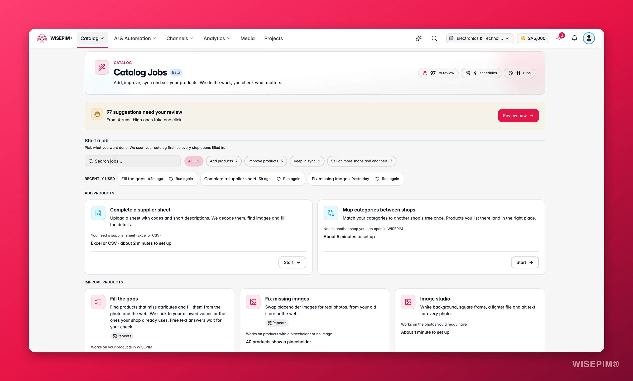 WISEPIM-Hub der Katalogaufgaben mit Zählern für Prüfungen, Zeitpläne und Läufe, einem Banner mit Vorschlägen, die auf Prüfung warten, Aufgabenfiltern, zuletzt genutzten Aufgaben und Aufgabenkarten