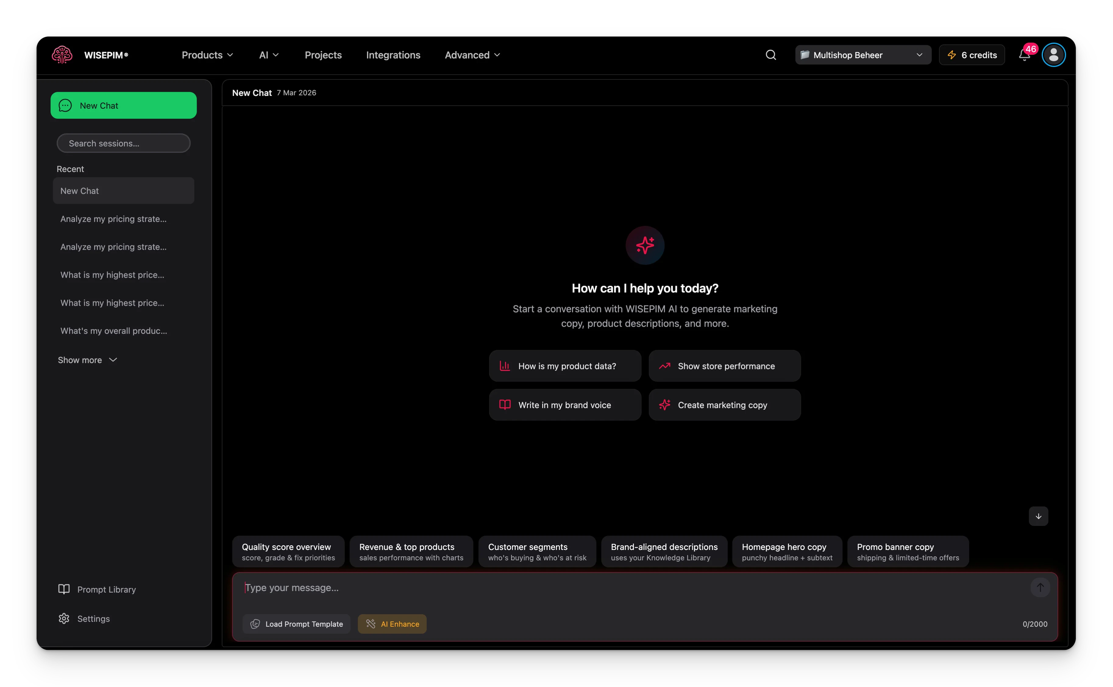 AI Chat interface showing quick-start suggestion cards and curated prompt ideas