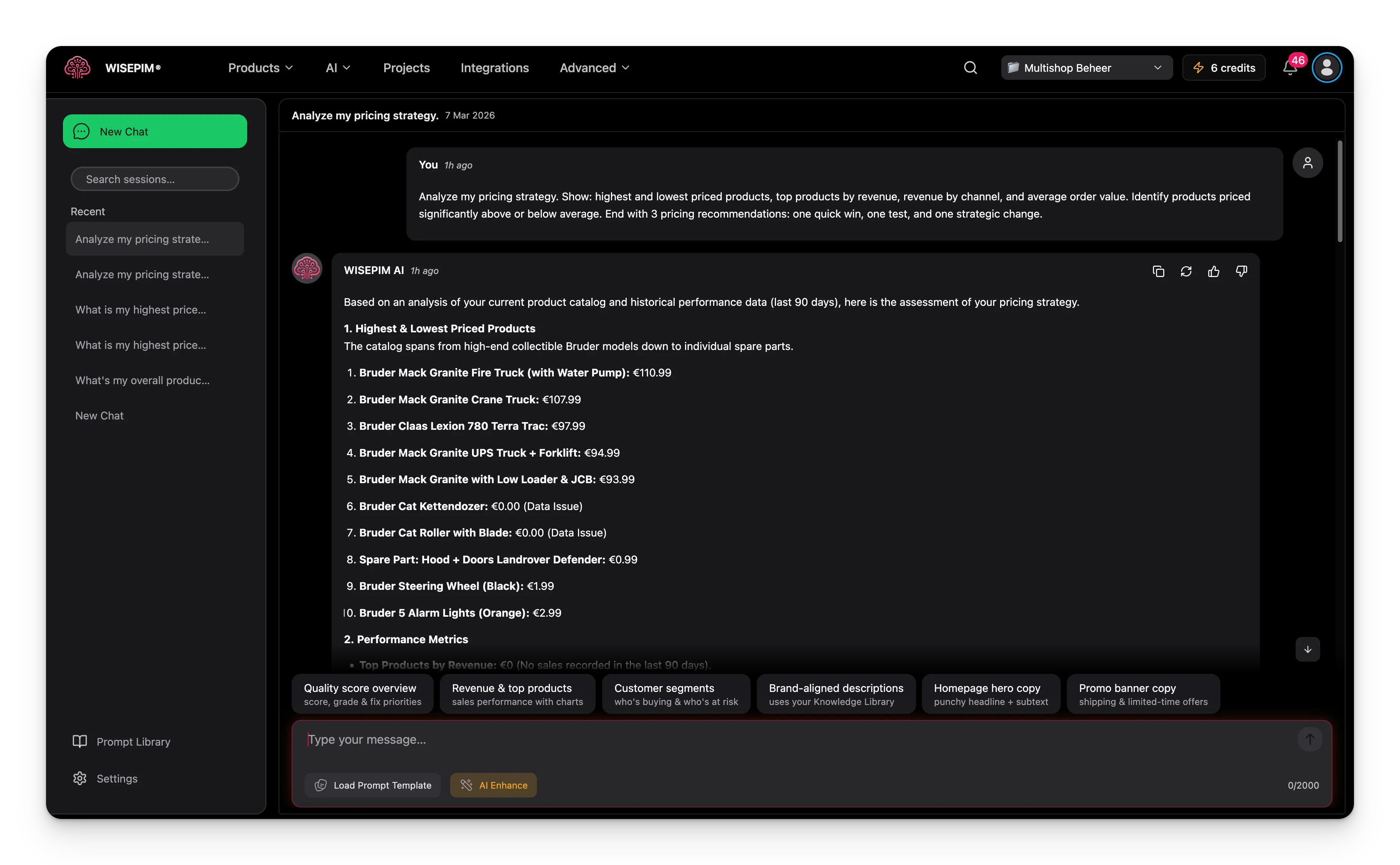 AI Chat analyzing pricing strategy with product performance data and strategic recommendations