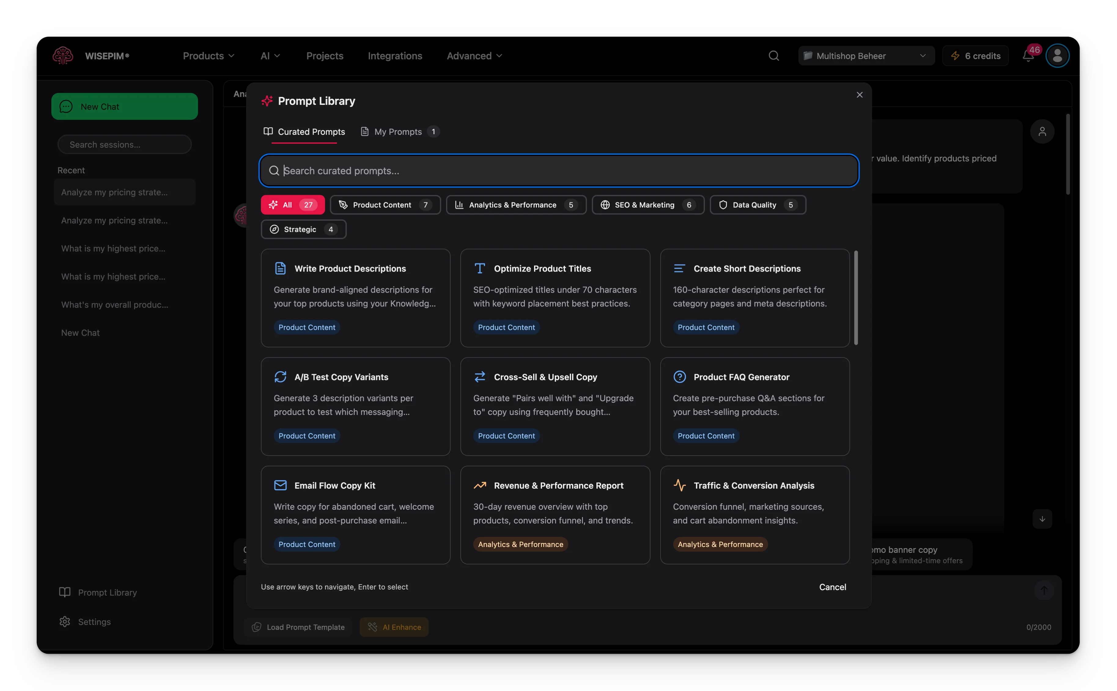 Prompt Library modal showing curated prompts organized by category with search and filtering