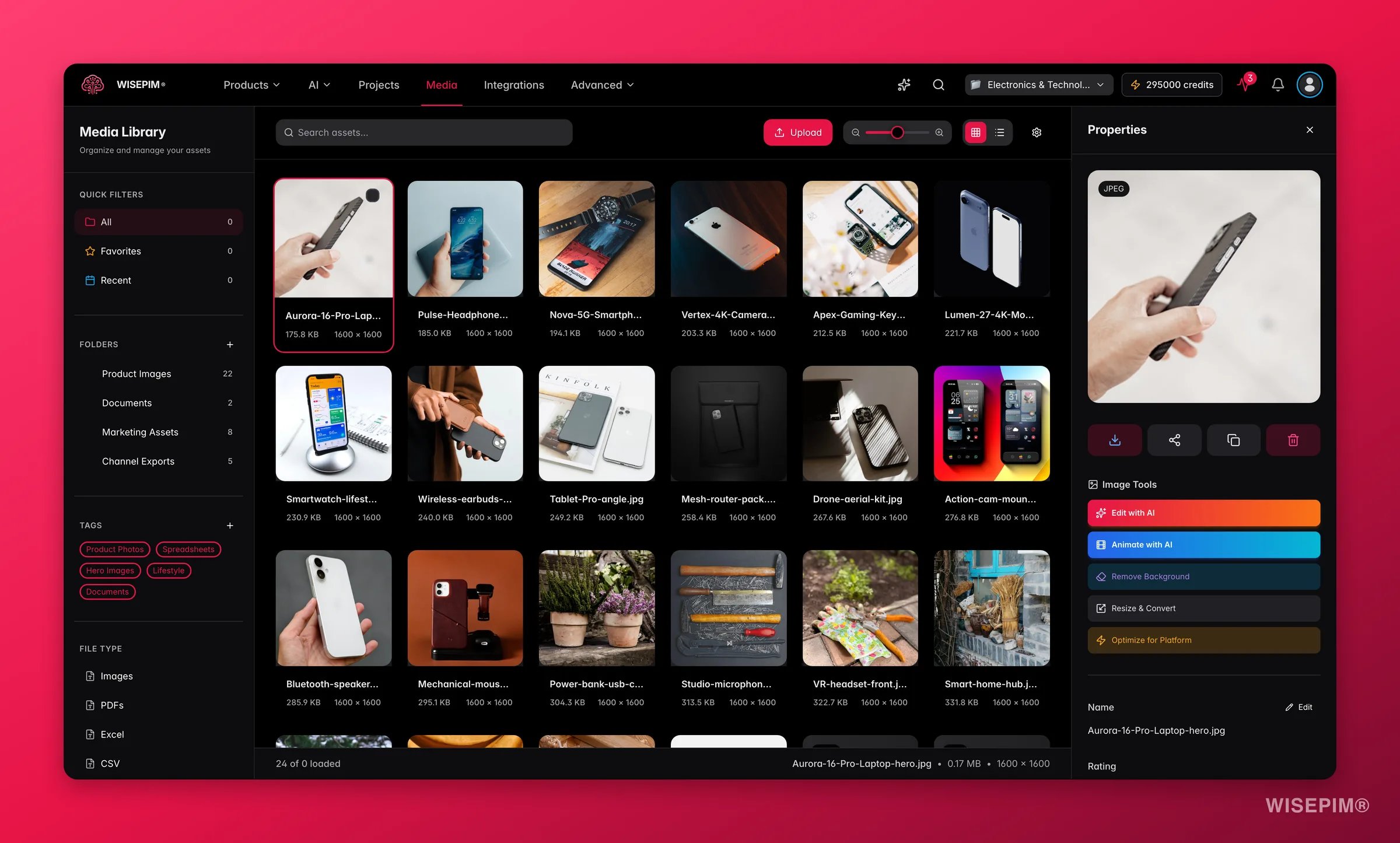 WISEPIM media asset detail panel with AI image tools, variants, tags and linked products