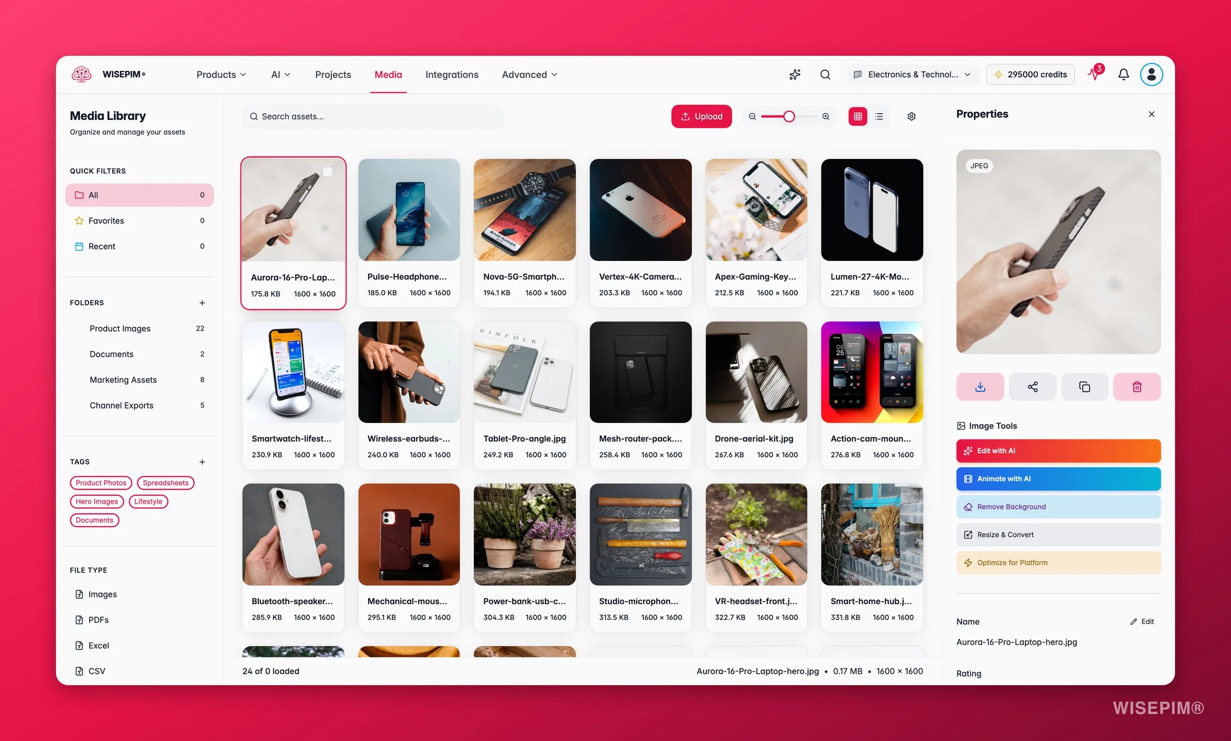 WISEPIM media asset detail panel with AI image tools, variants, tags and linked products