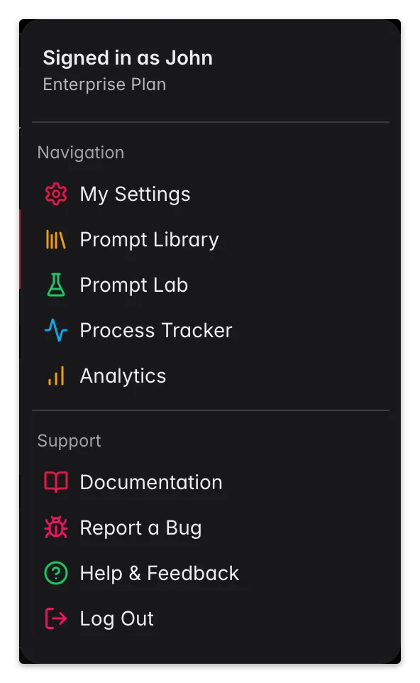 WISEPIM account menu with the Documentation shortcut that opens help for the current page