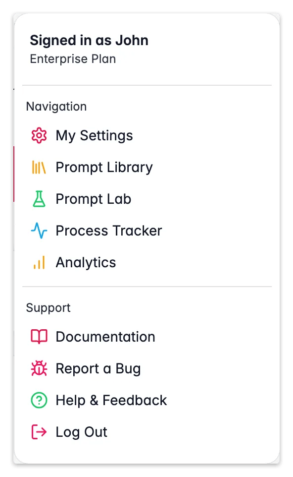 WISEPIM account menu with the Documentation shortcut that opens help for the current page