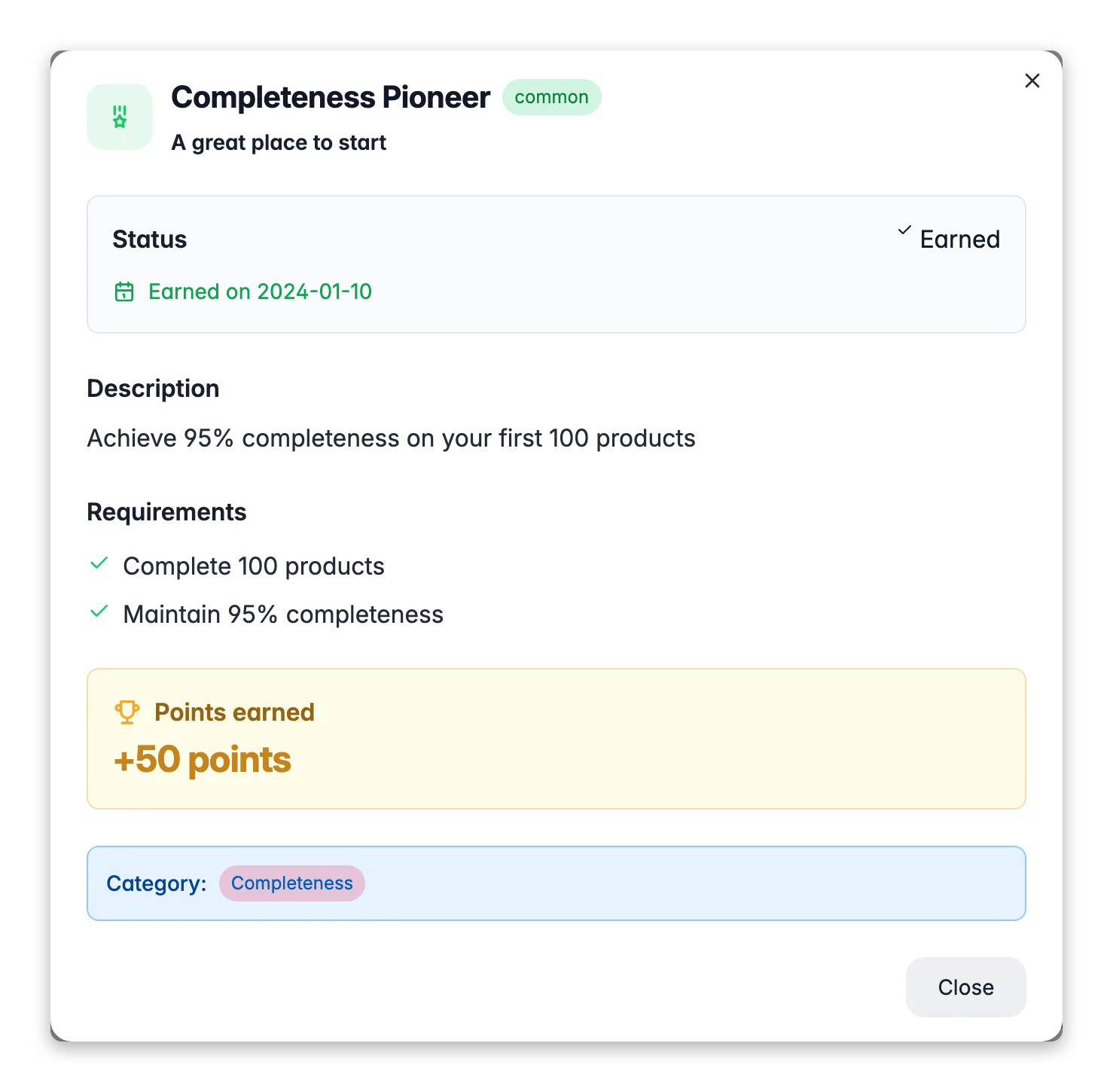 WISEPIM achievement detail modal showing progress, requirements, and points
