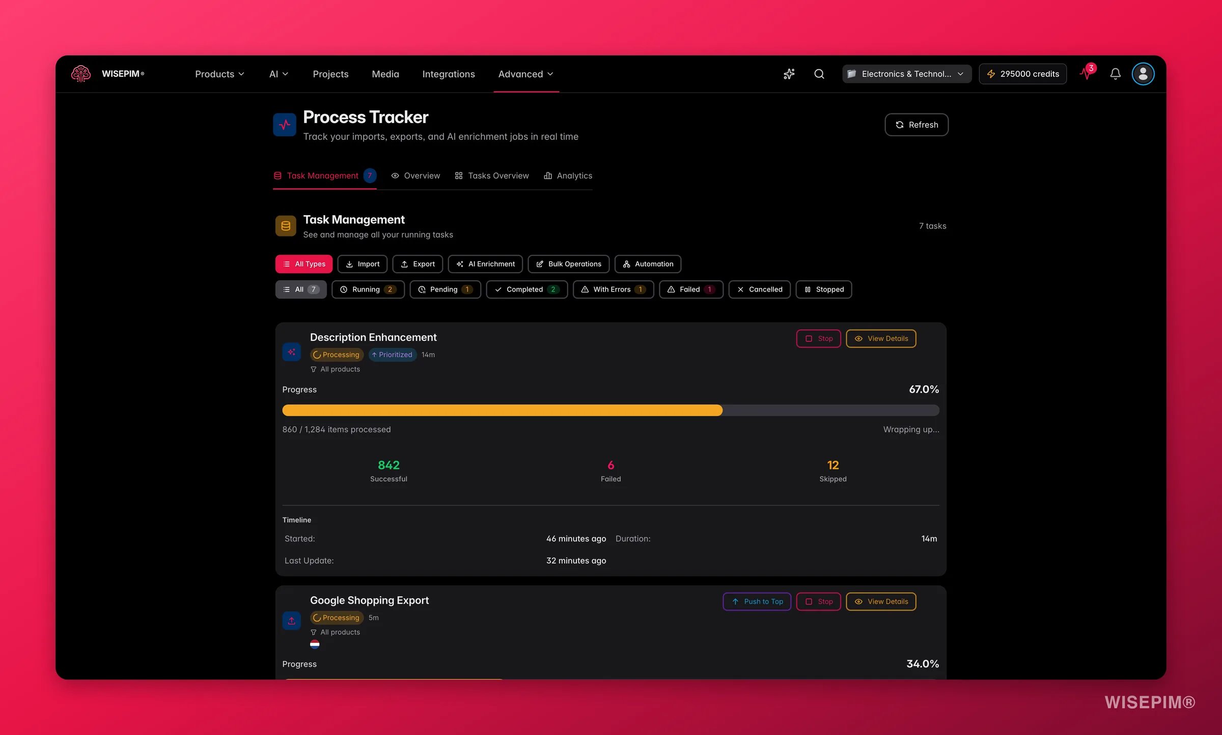 WISEPIM process tracker with live import, export and enrichment tasks