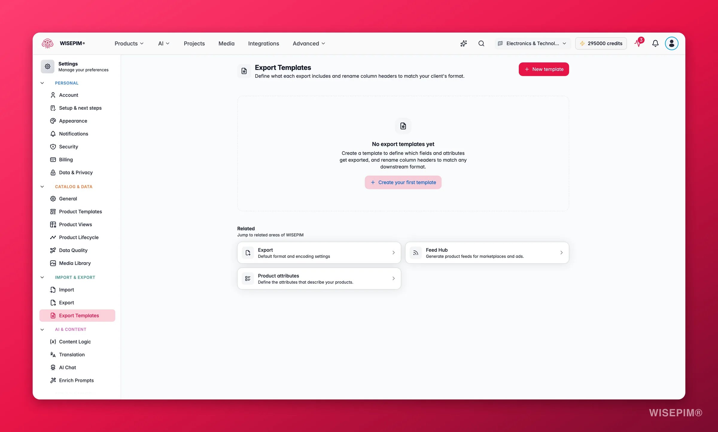 WISEPIM export templates mapping fields per channel