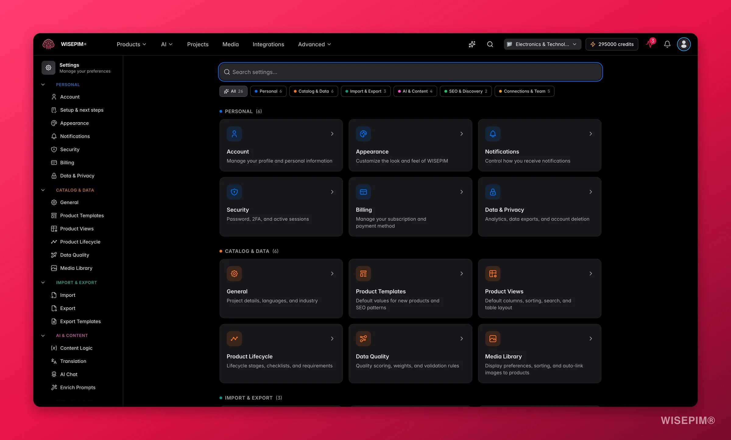 WISEPIM settings hub with searchable, category-filtered personal and project settings