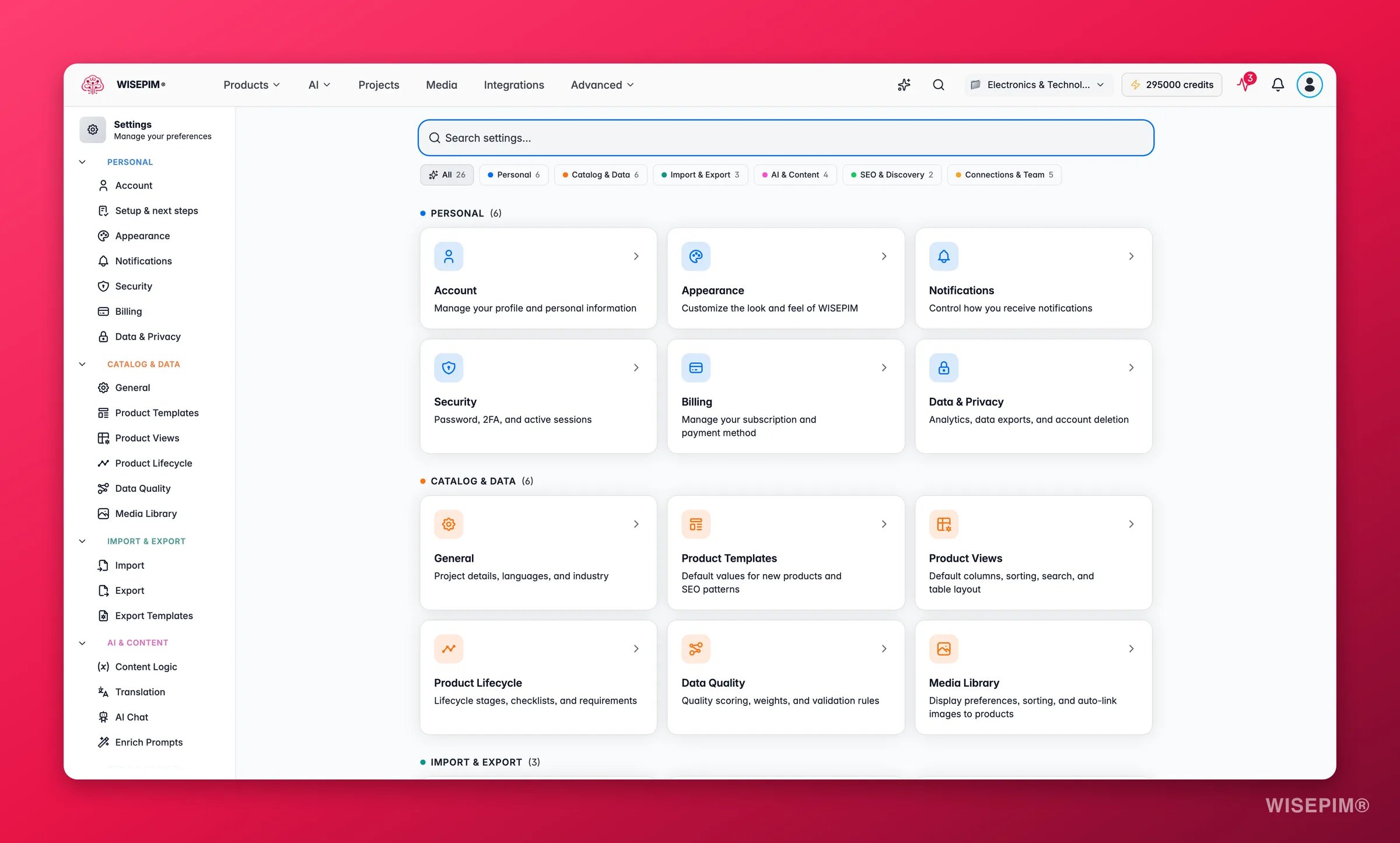 WISEPIM settings hub with searchable, category-filtered personal and project settings