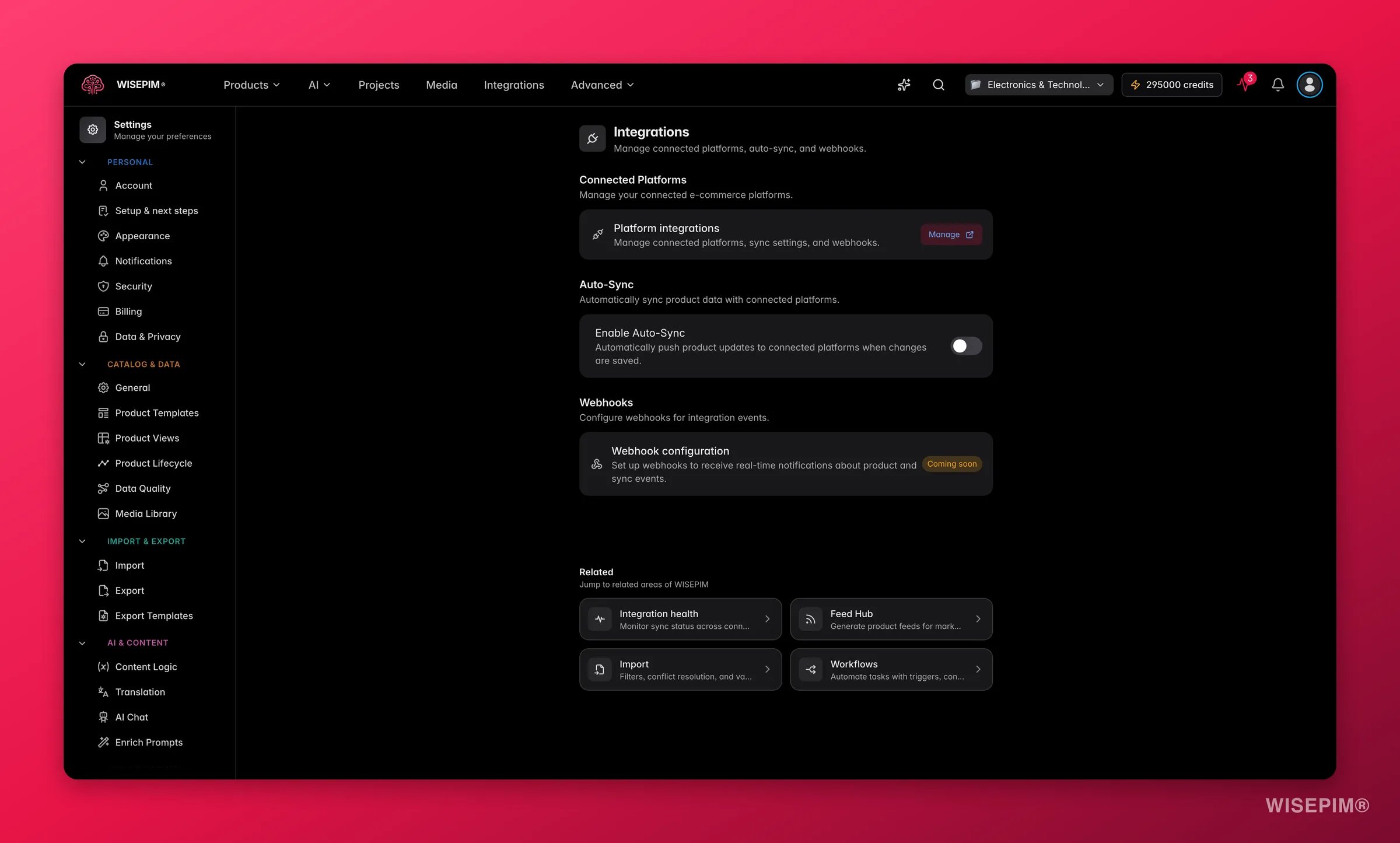 WISEPIM integration settings and connected channels