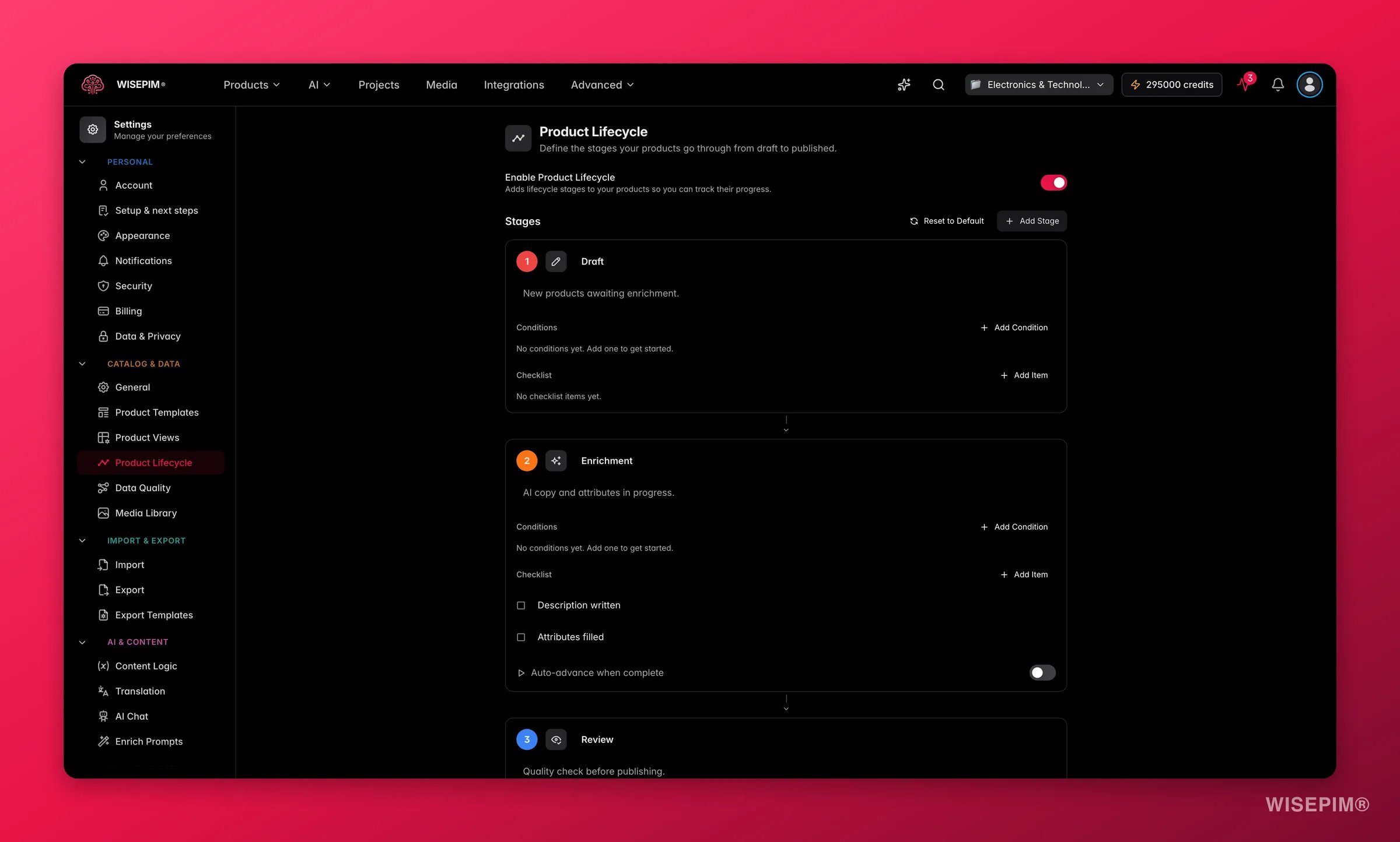WISEPIM product lifecycle stages and status automation