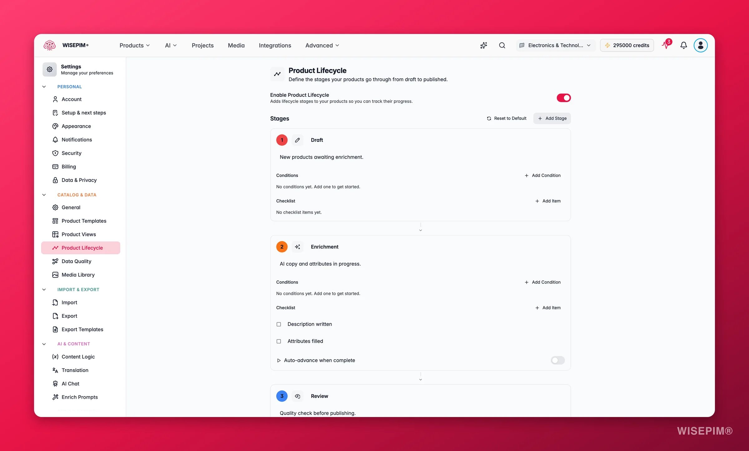 WISEPIM product lifecycle stages and status automation