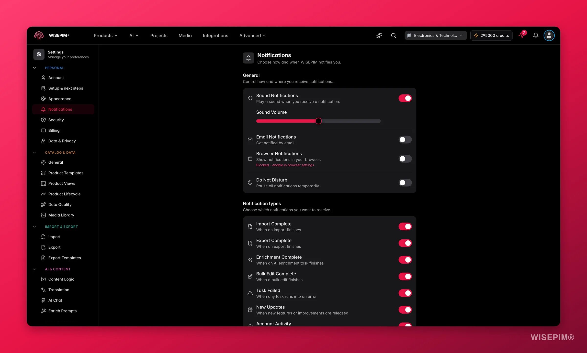 WISEPIM notification preferences across channels