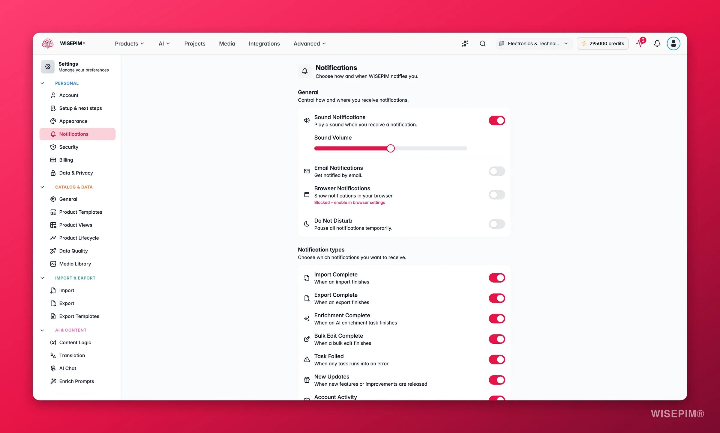 WISEPIM notification preferences across channels