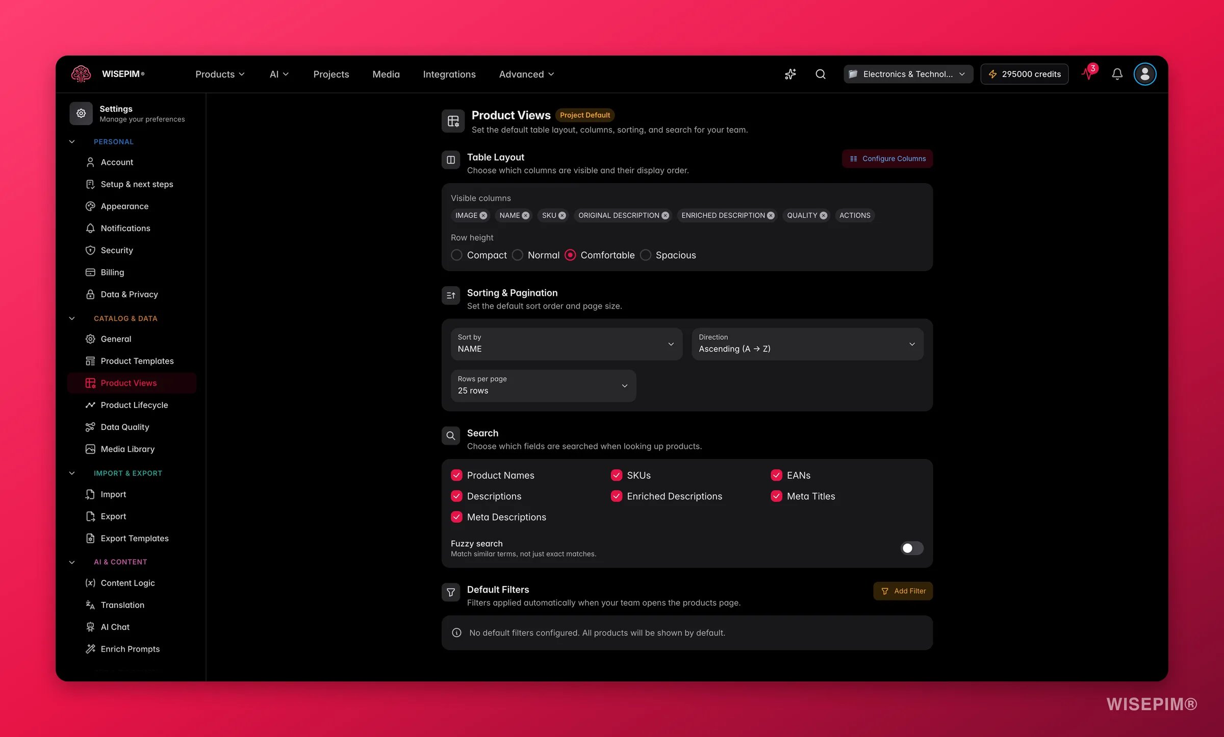 WISEPIM product view settings with default columns and layout