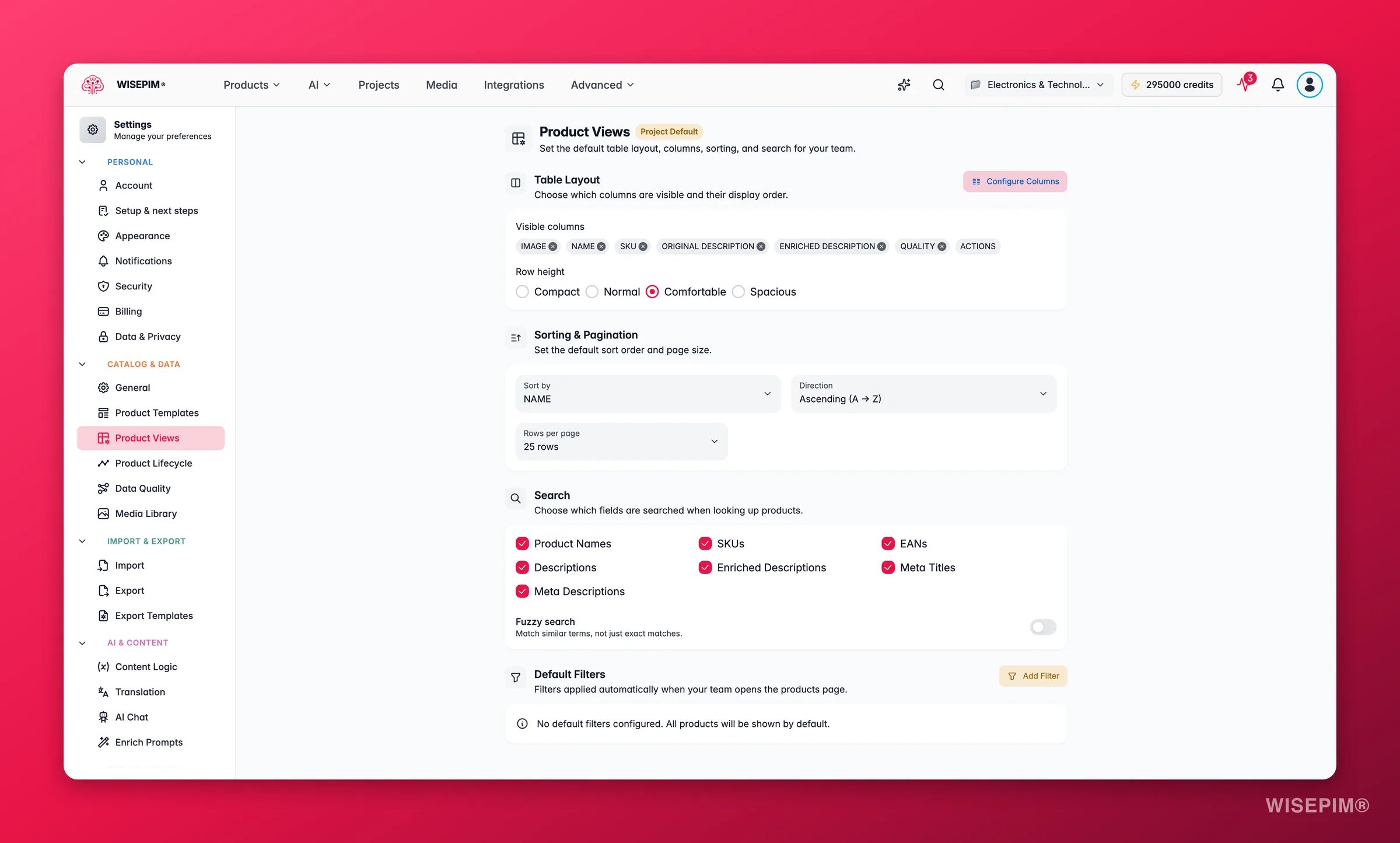 WISEPIM product view settings with default columns and layout