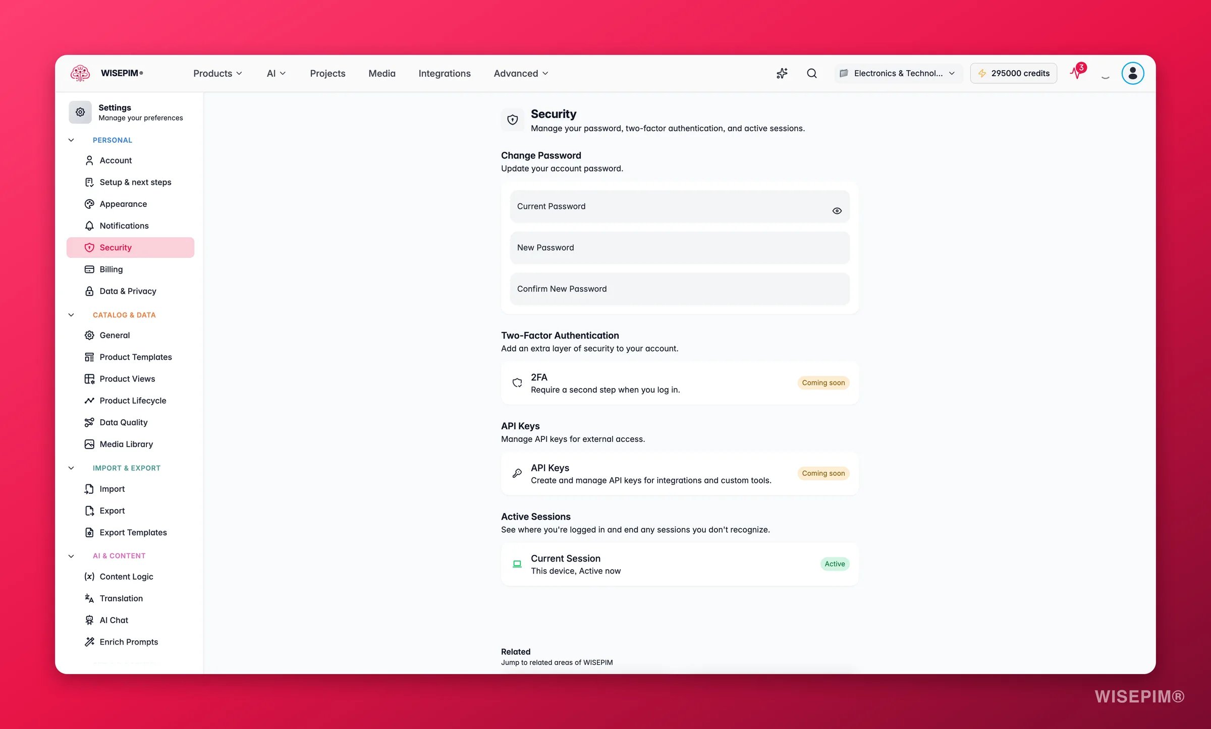 WISEPIM security settings, password, two-factor authentication, API keys and active sessions
