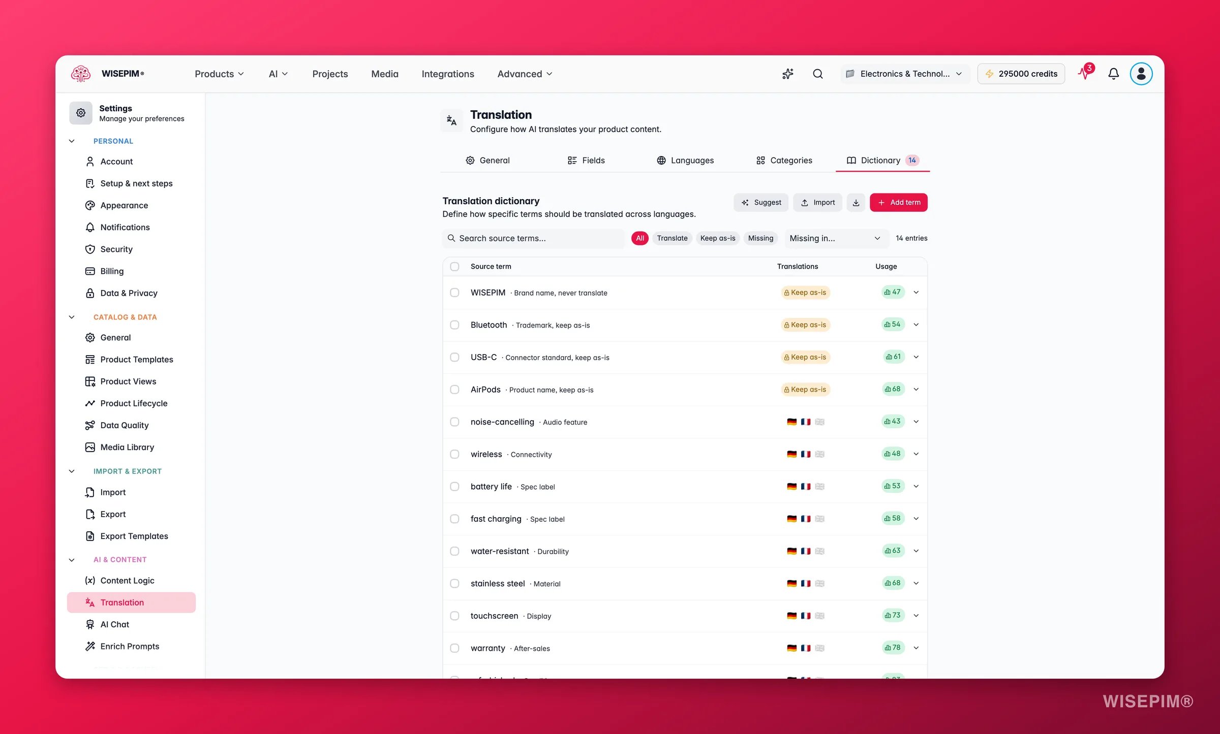 WISEPIM translation dictionary with multilingual term mappings and do-not-translate brand terms