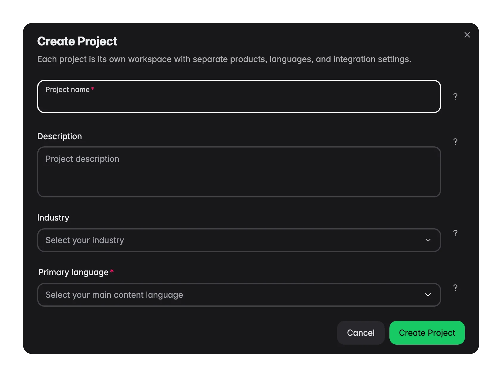 WISEPIM new project modal with name, target language, SEO keywords and default AI prompts