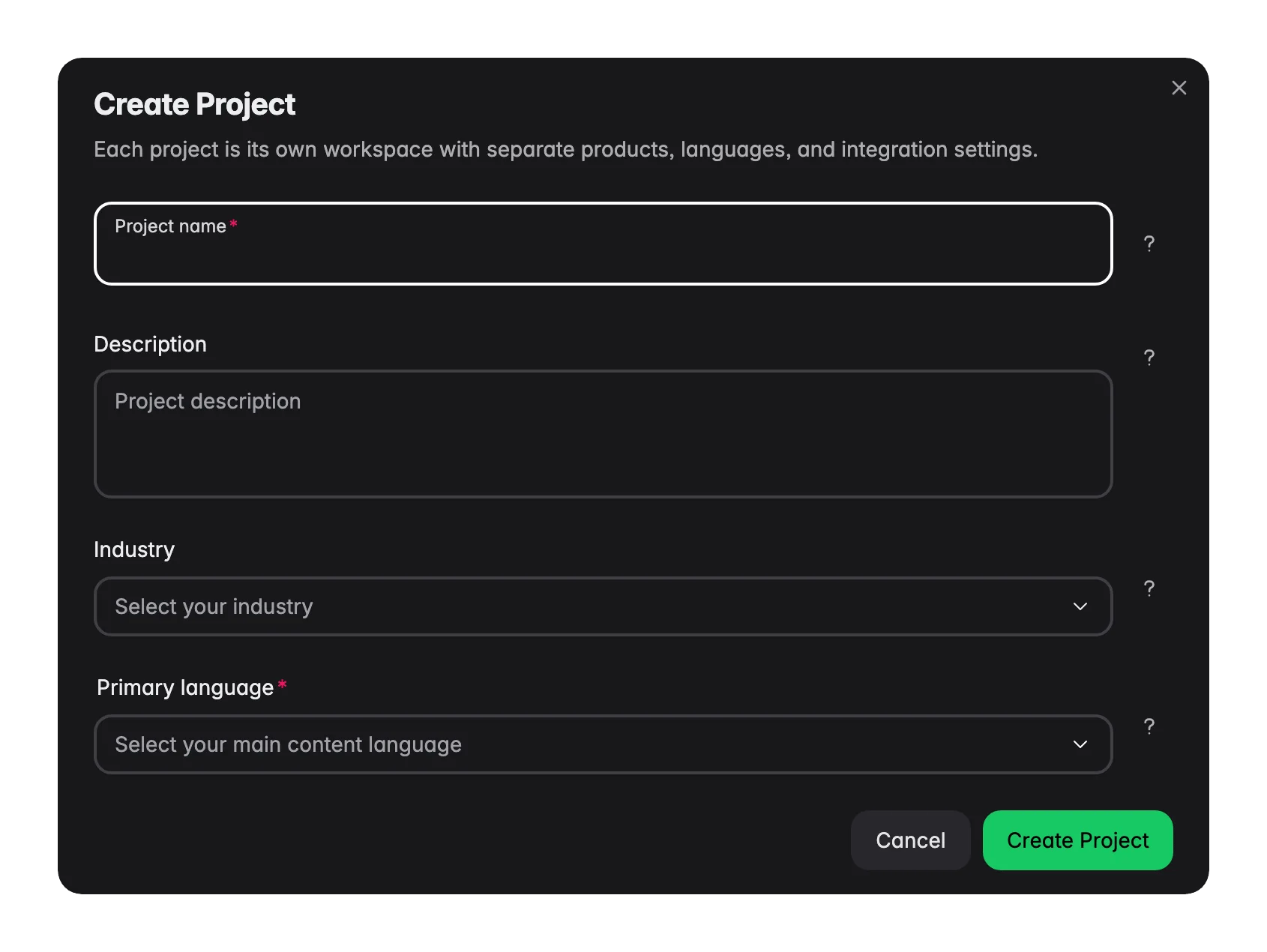 WISEPIM new project modal with name, target language, SEO keywords and default AI prompts