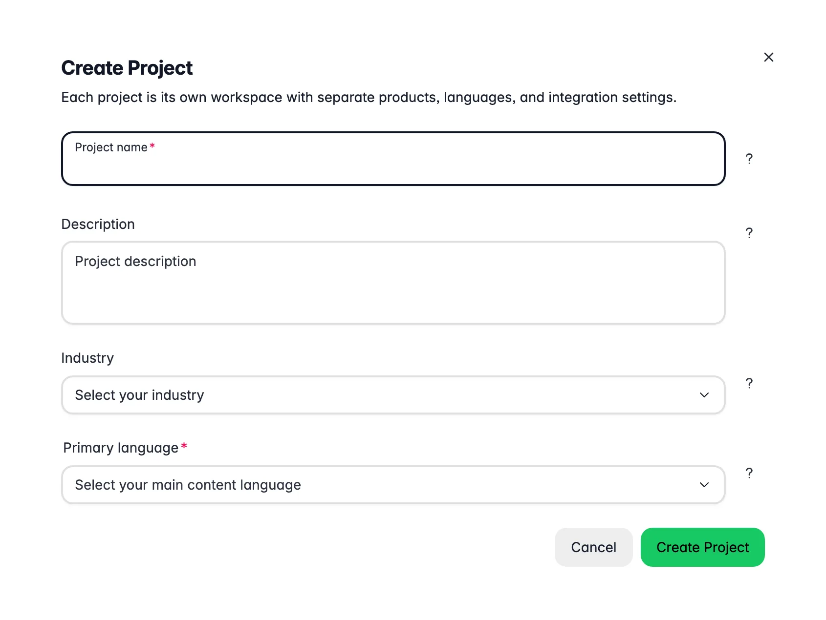 WISEPIM new project modal with name, target language, SEO keywords and default AI prompts
