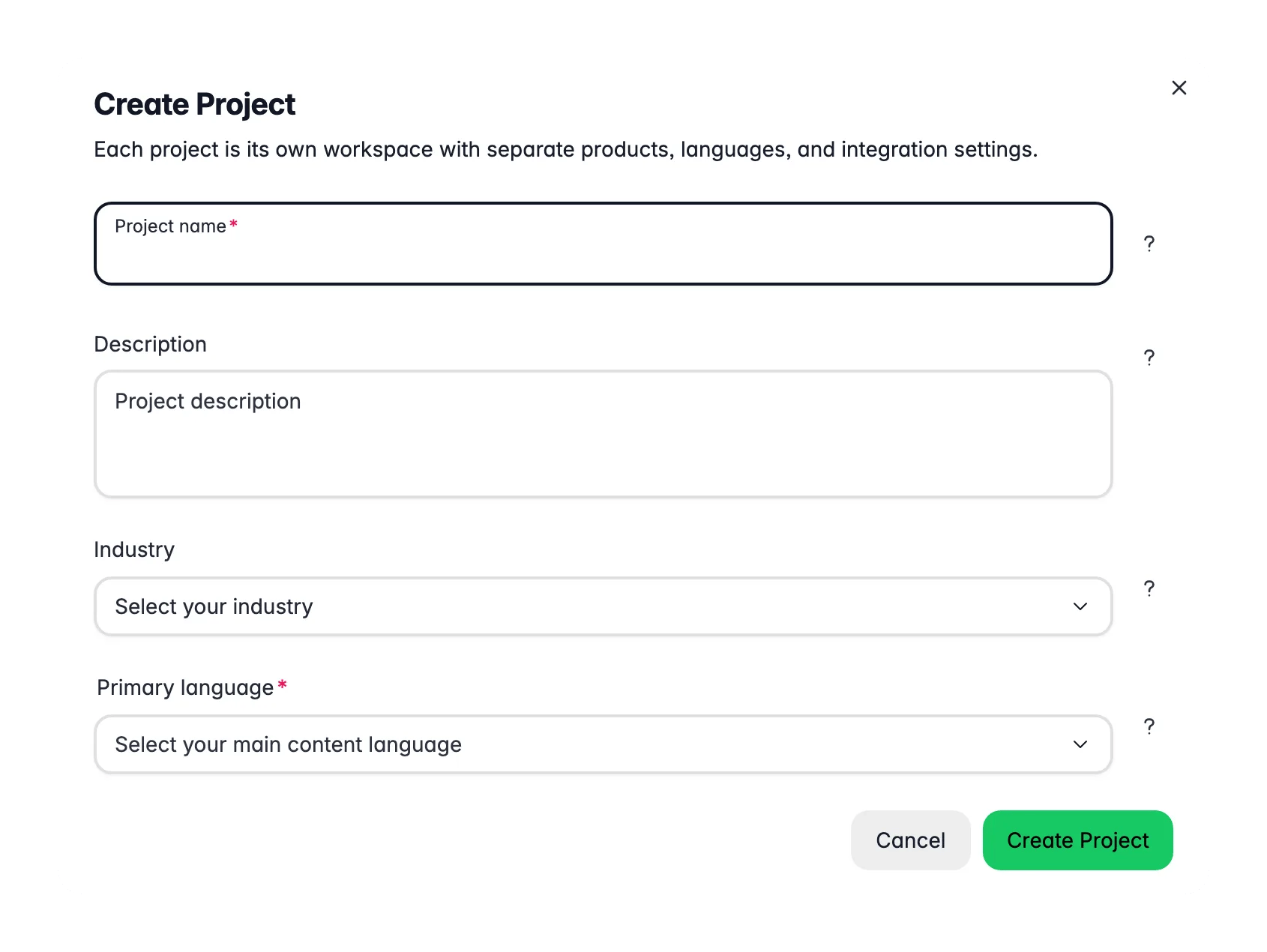 WISEPIM new project modal with name, target language, SEO keywords and default AI prompts