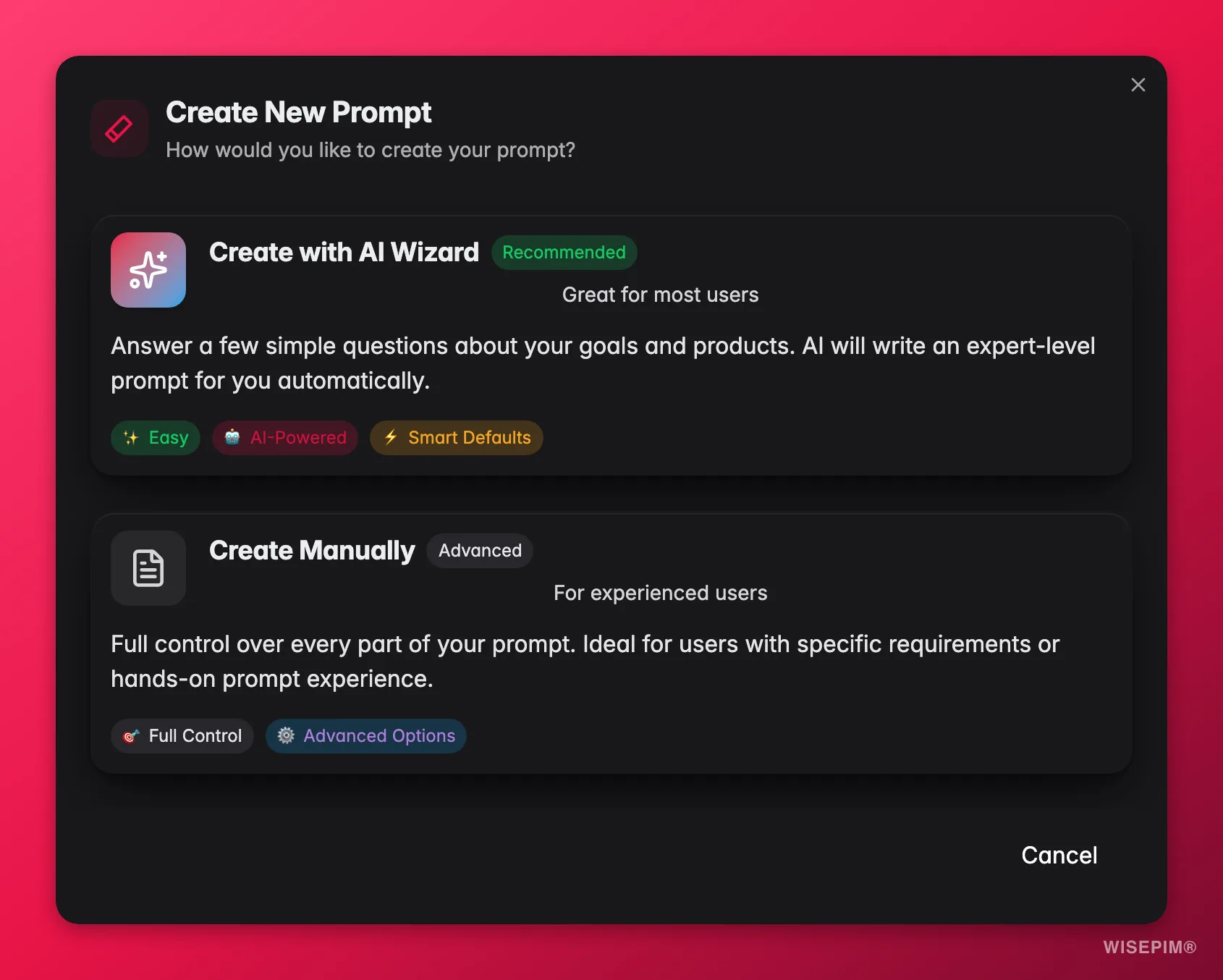WISEPIM AI prompt wizard generating a tailored enrichment prompt from goals and audience